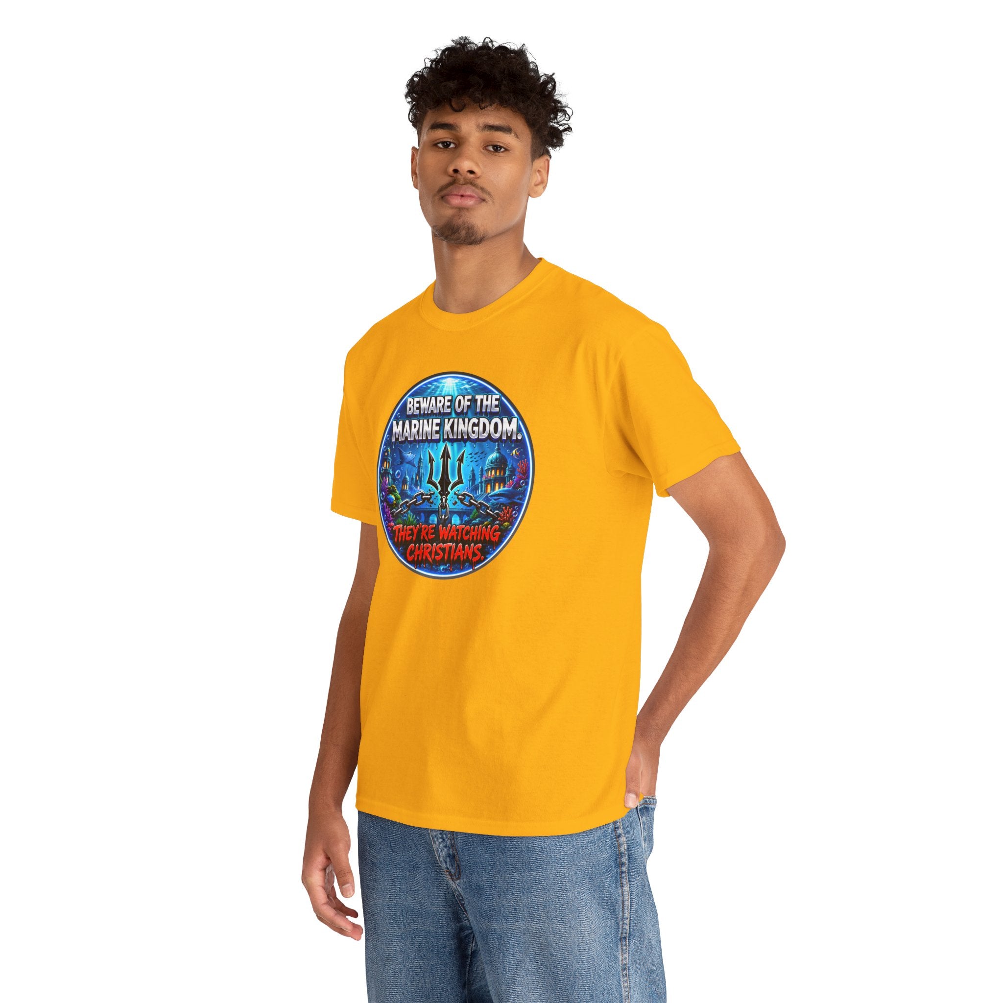 T‑Shirt — "Beware of the Marine Kingdom: They're Watching Christians" Vintage Ocean Graphic