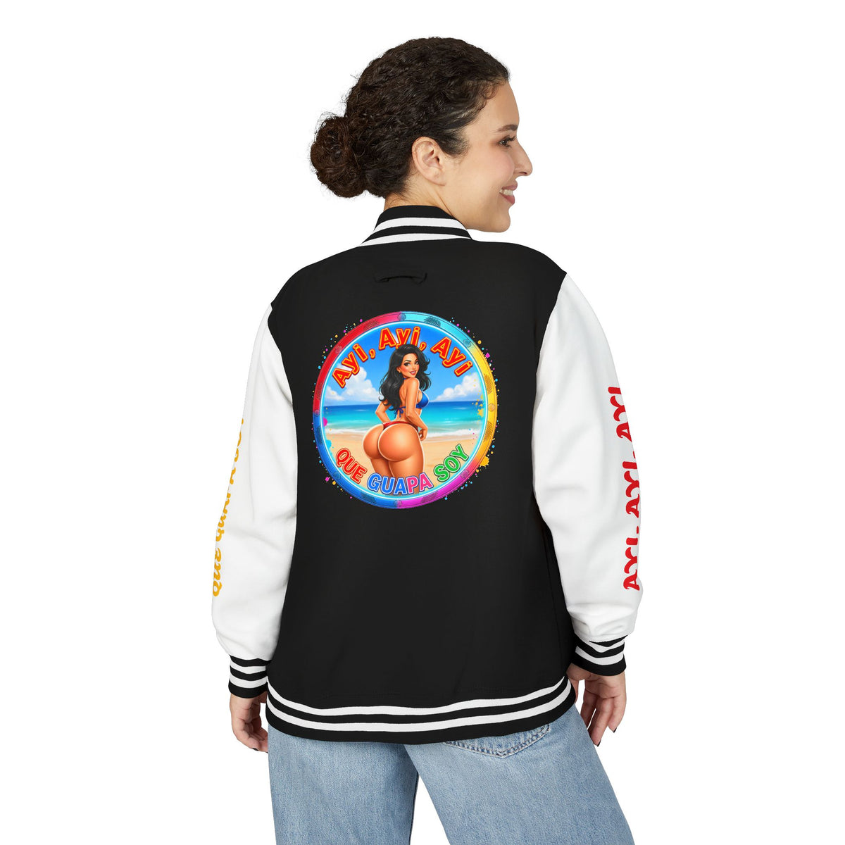 Letterman Jacket – Retro Beach Pinup Varsity Jacket with 'Ayi Ayi Ayi' Graphic
