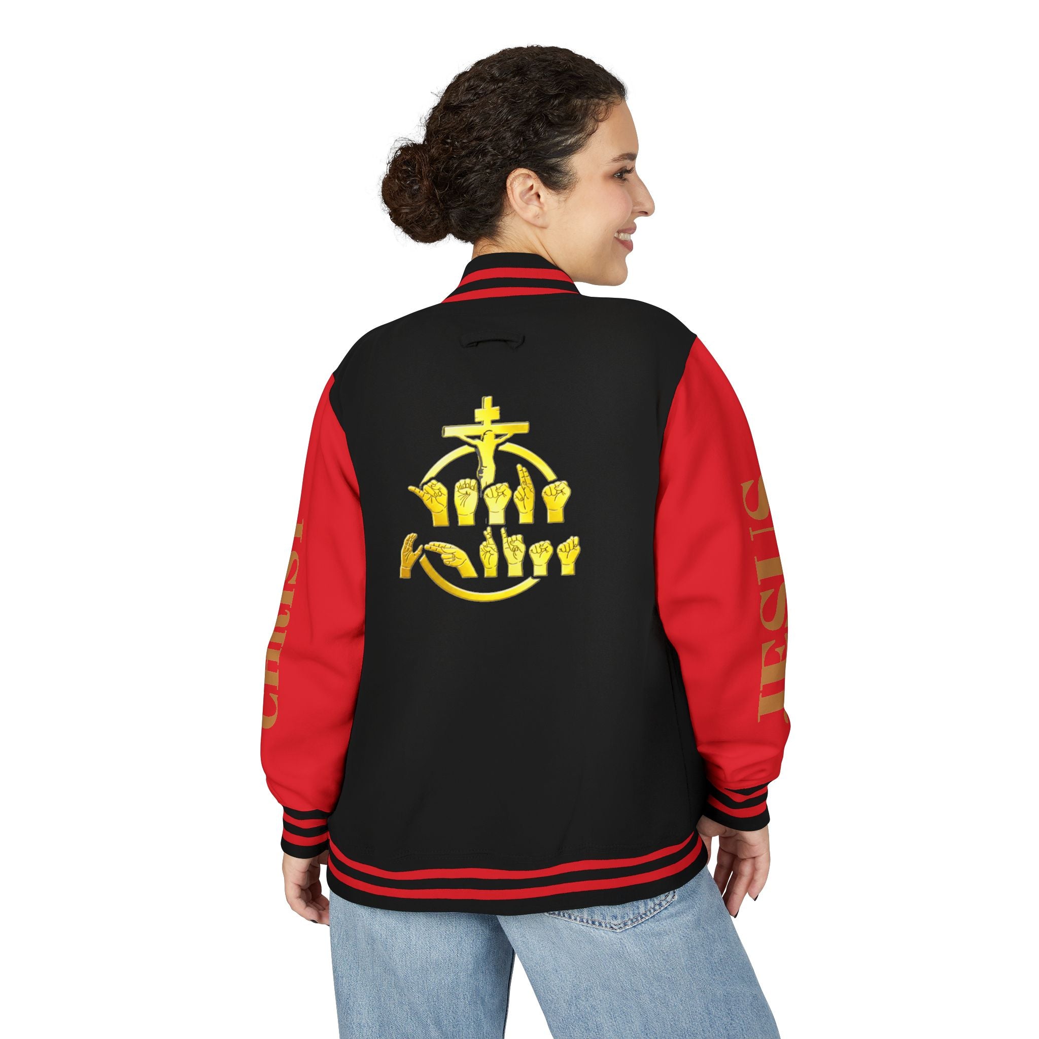 "Sign language Jesus Christ "     Christian Crown Letterman Jacket - 'Jesus Christ' Sleeve Varsity Jacket