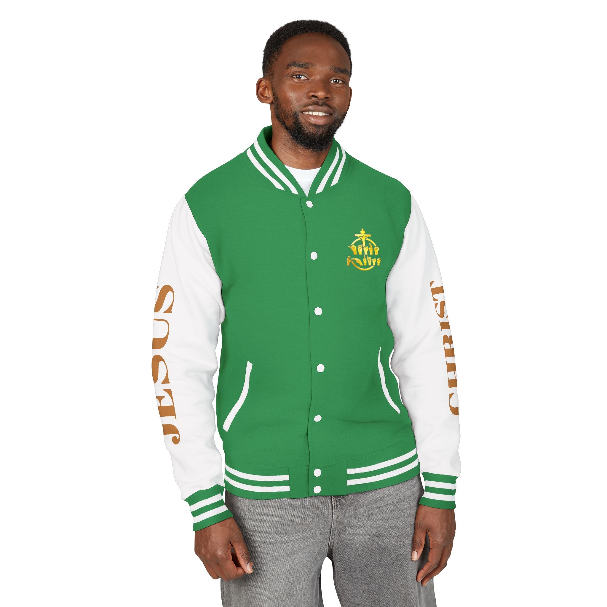 "Sign language Jesus Christ "     Christian Crown Letterman Jacket - 'Jesus Christ' Sleeve Varsity Jacket