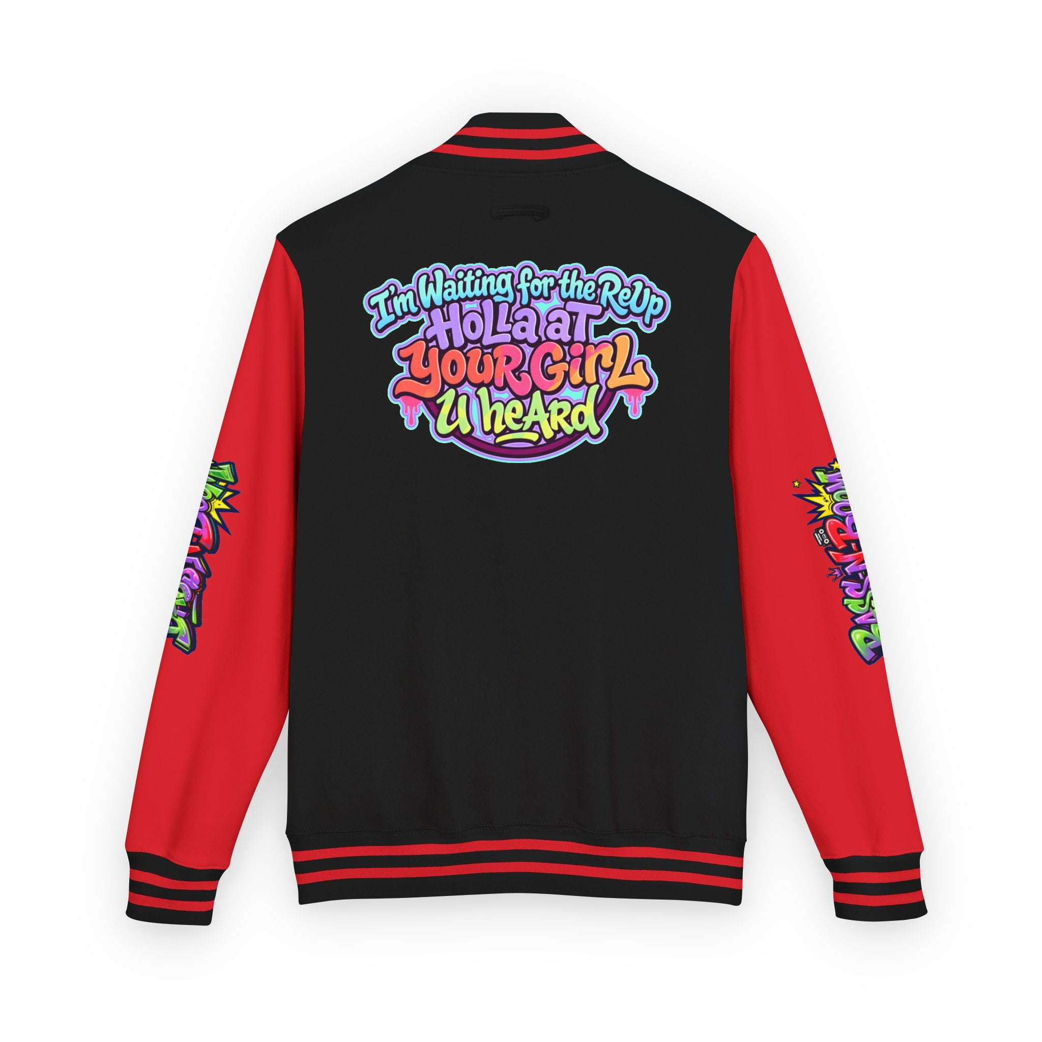 Letterman Jacket — "I'm Waiting For The Reup" Colorful Retro Hip‑Hop Varsity