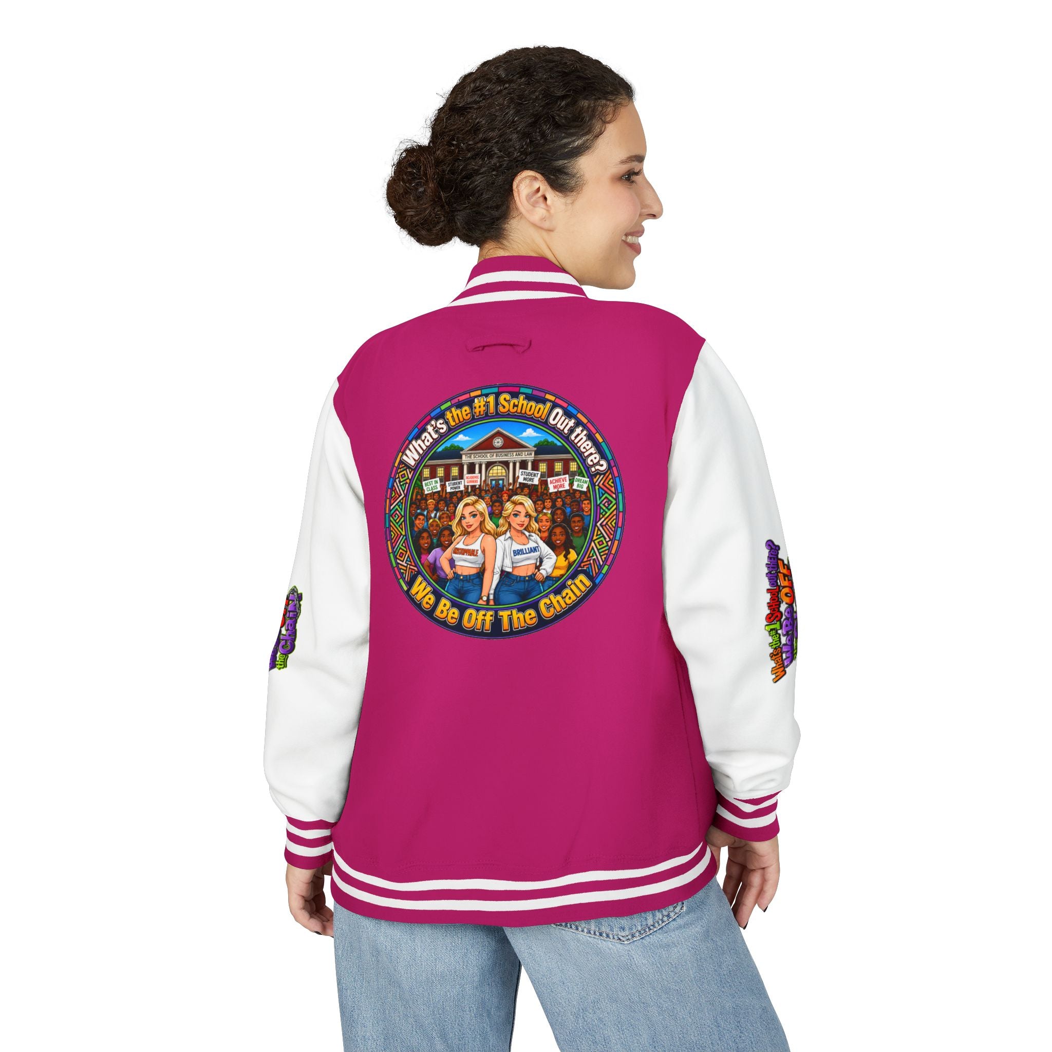 Letterman Jacket — Colorful School Spirit "We Be Off The Chain" Varsity Jacket