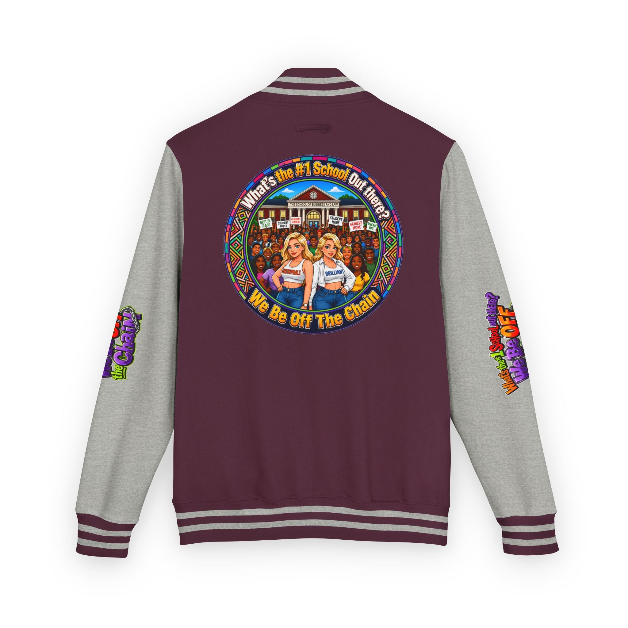 Letterman Jacket — Colorful School Spirit "We Be Off The Chain" Varsity Jacket