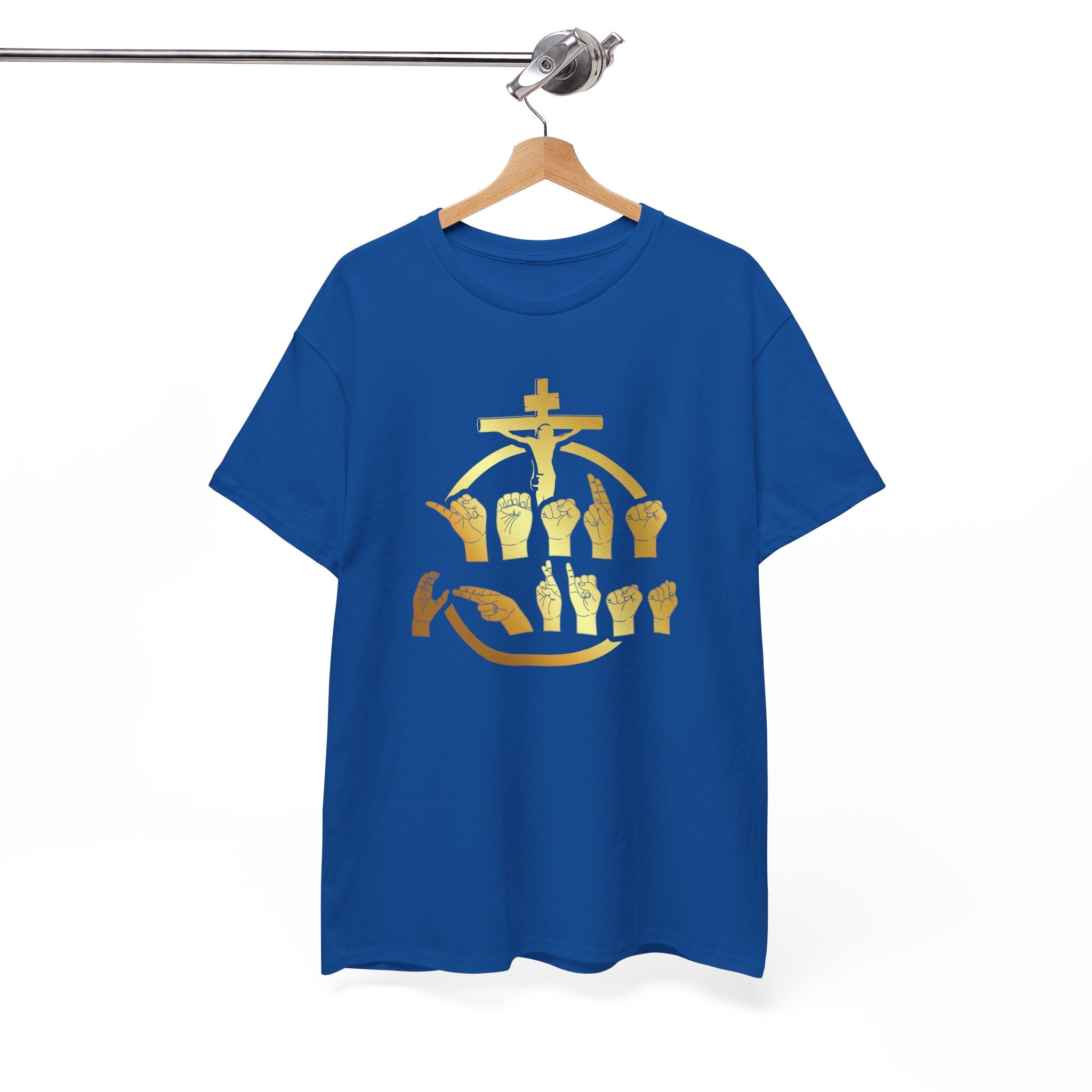 Christian Cross & Praying Hands T-Shirt — Gold Faith Design