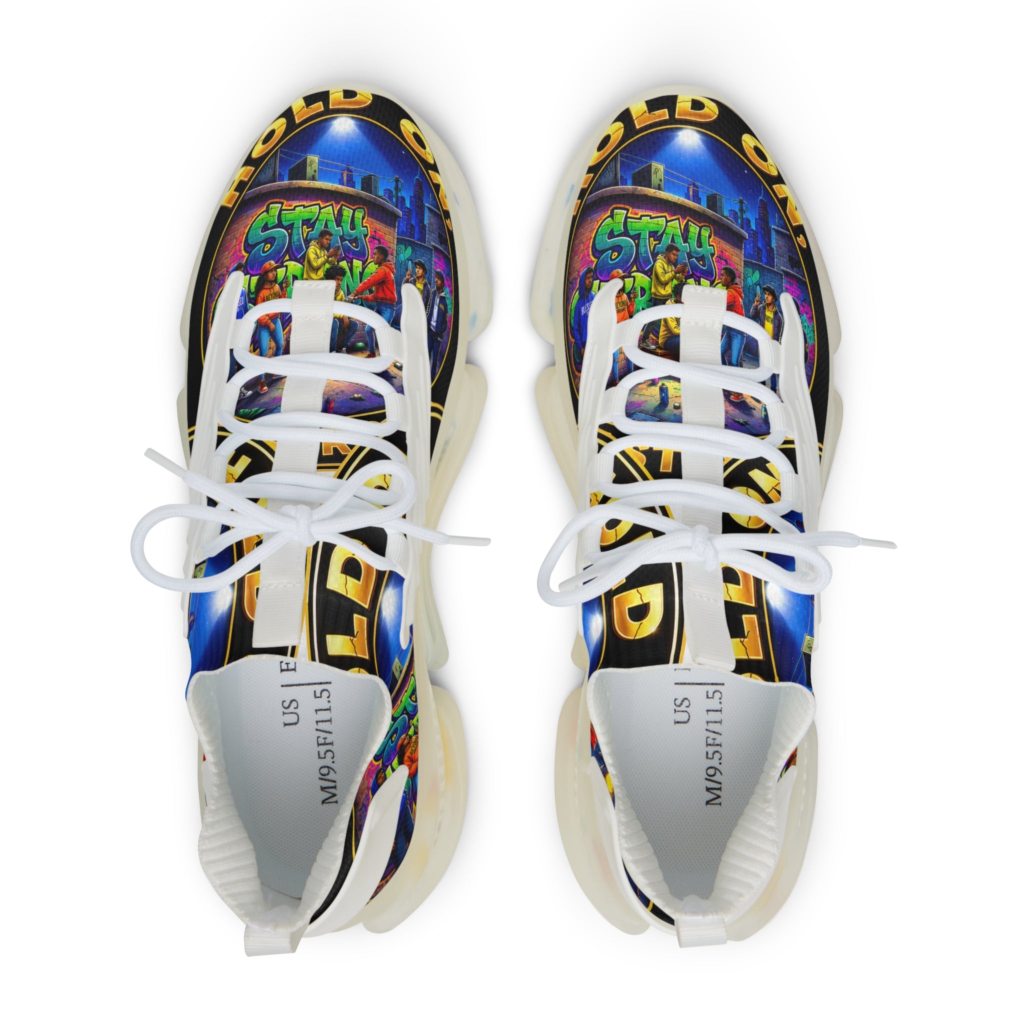 Men's Mesh Sneakers — "Hold On Be Strong" Retro Arcade Graffiti Print Athletic Shoes