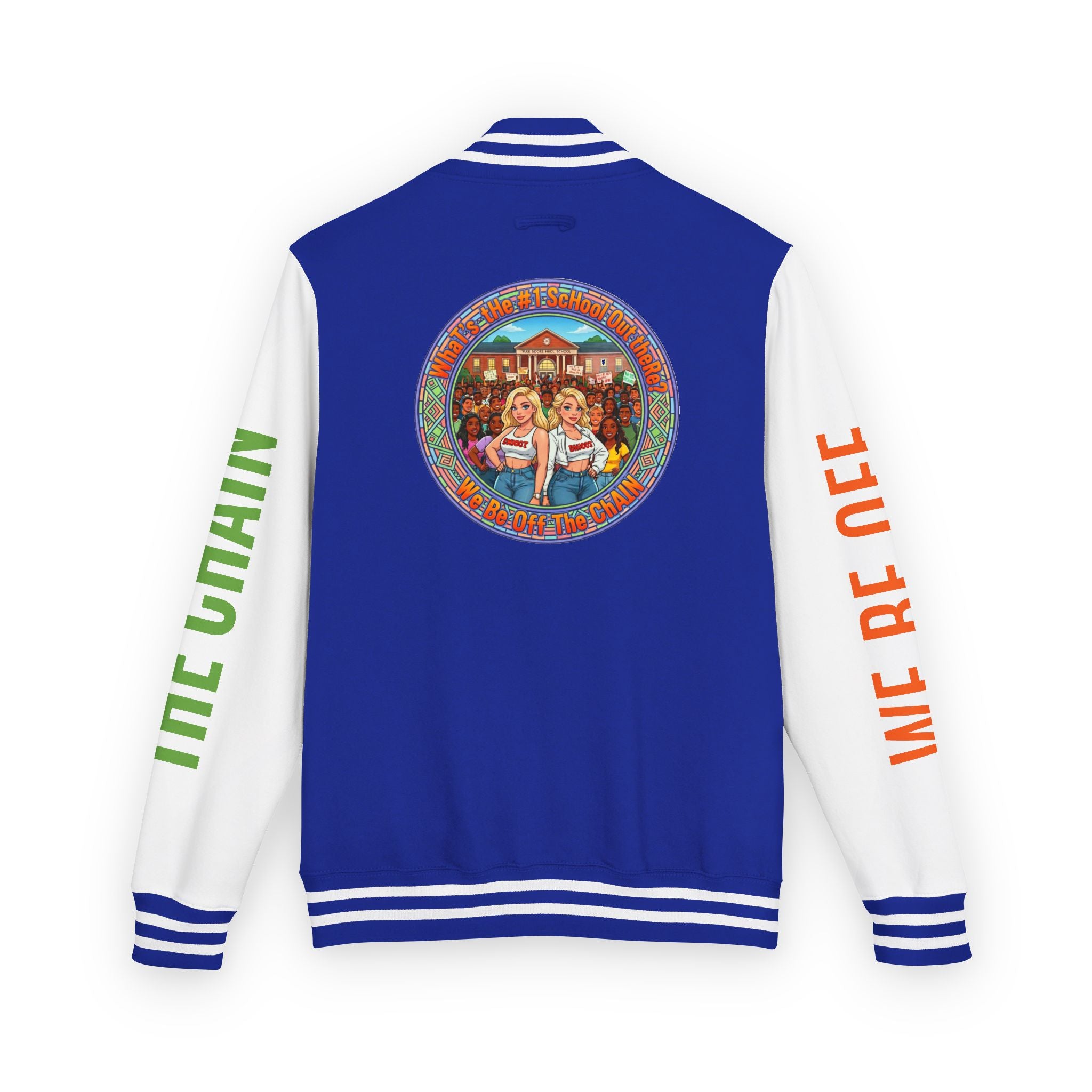 Retro Colorblock Letterman Jacket — 'We Be Off The Chain' Sleeve Print