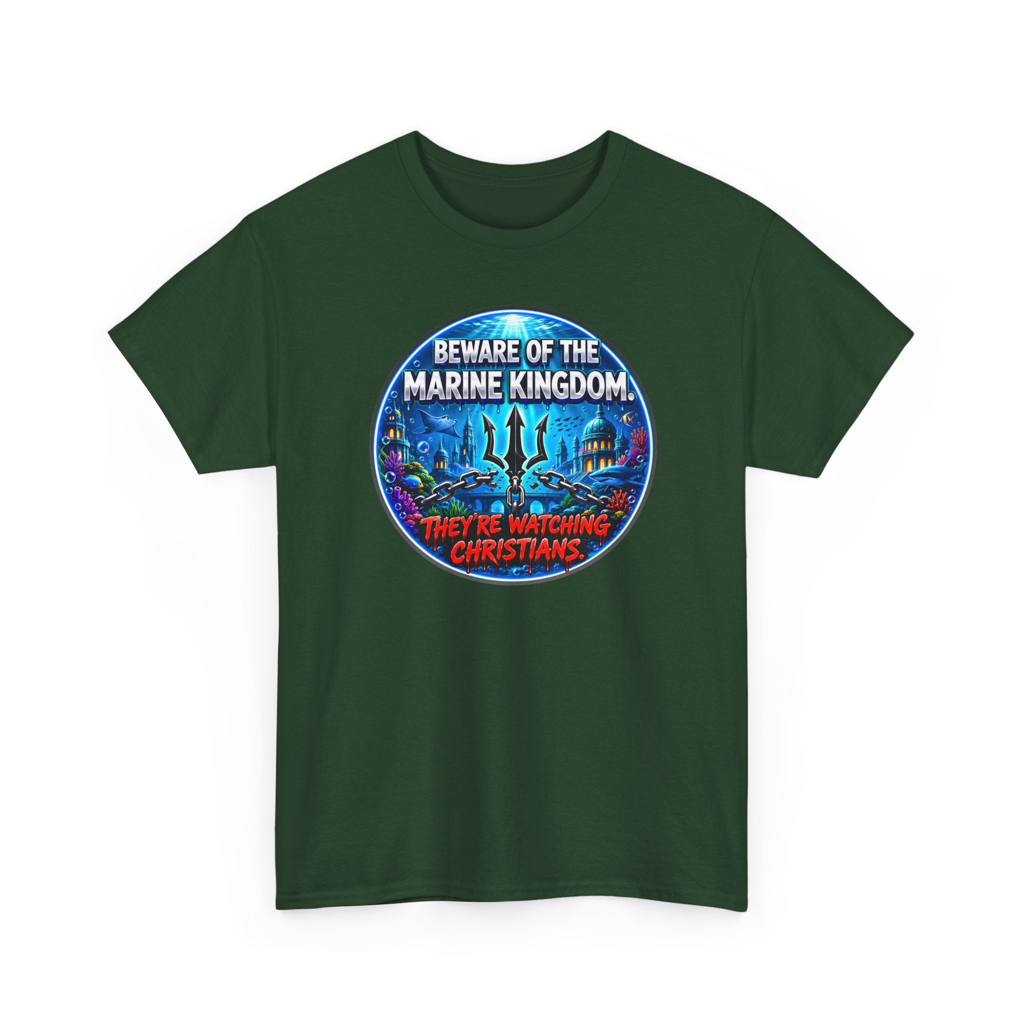 T‑Shirt — "Beware of the Marine Kingdom: They're Watching Christians" Vintage Ocean Graphic
