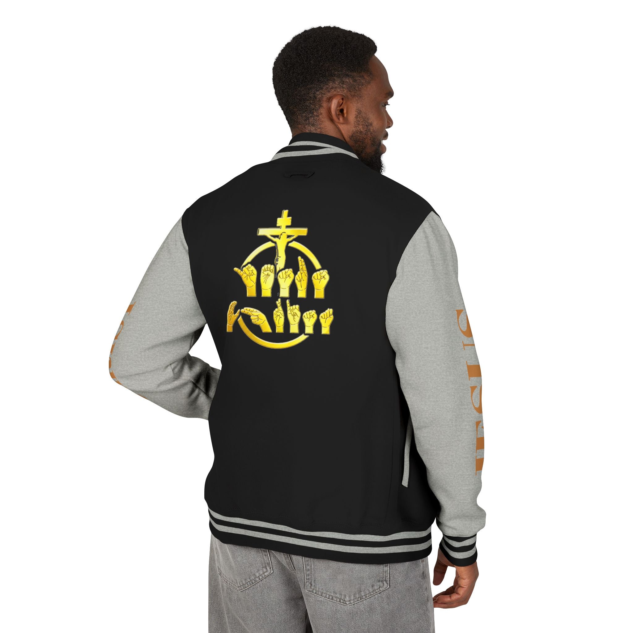 "Sign language Jesus Christ "     Christian Crown Letterman Jacket - 'Jesus Christ' Sleeve Varsity Jacket