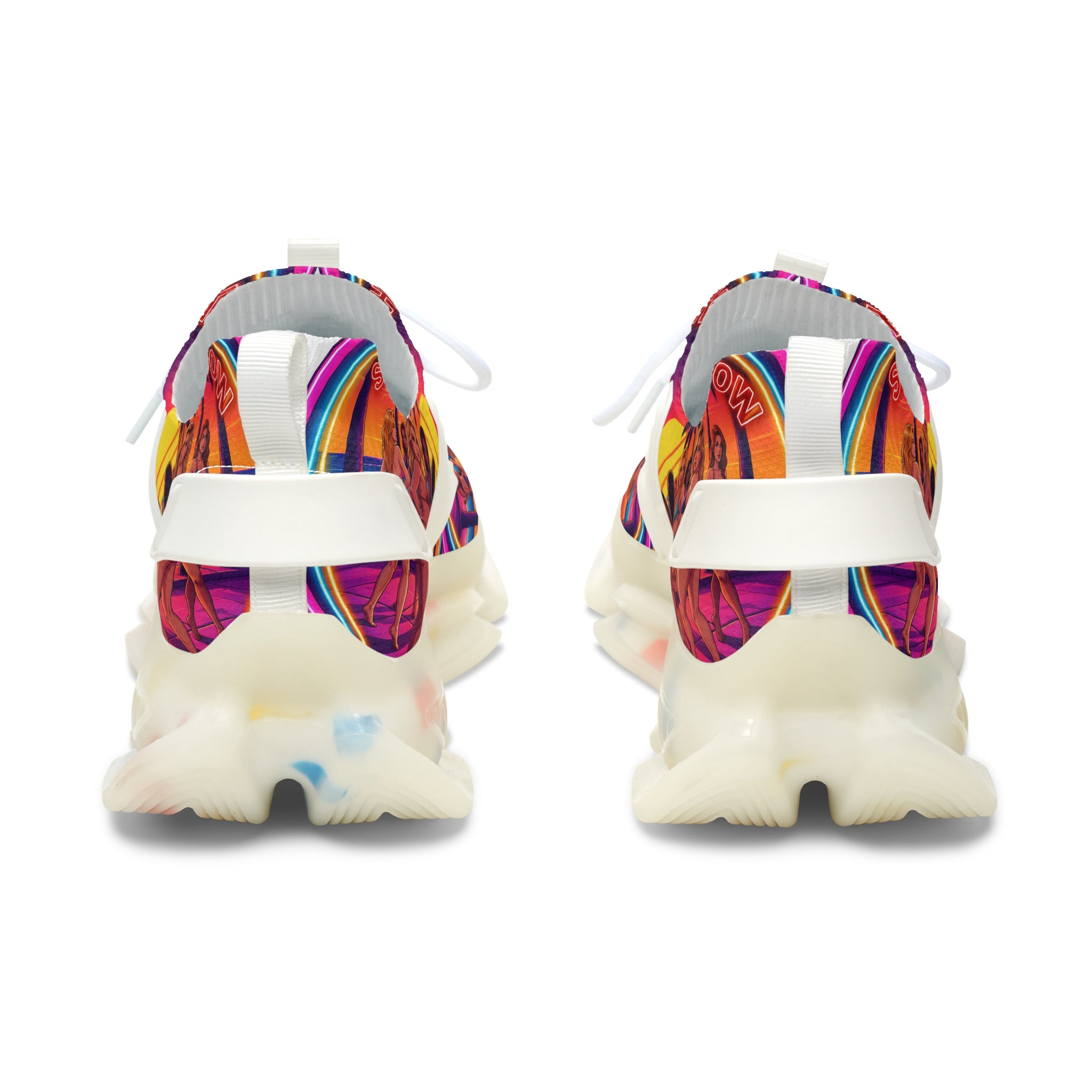 Women's Mesh Sneakers —"Slide With The Beat Now "Vibrant Retro Sunset Graphic Trainers