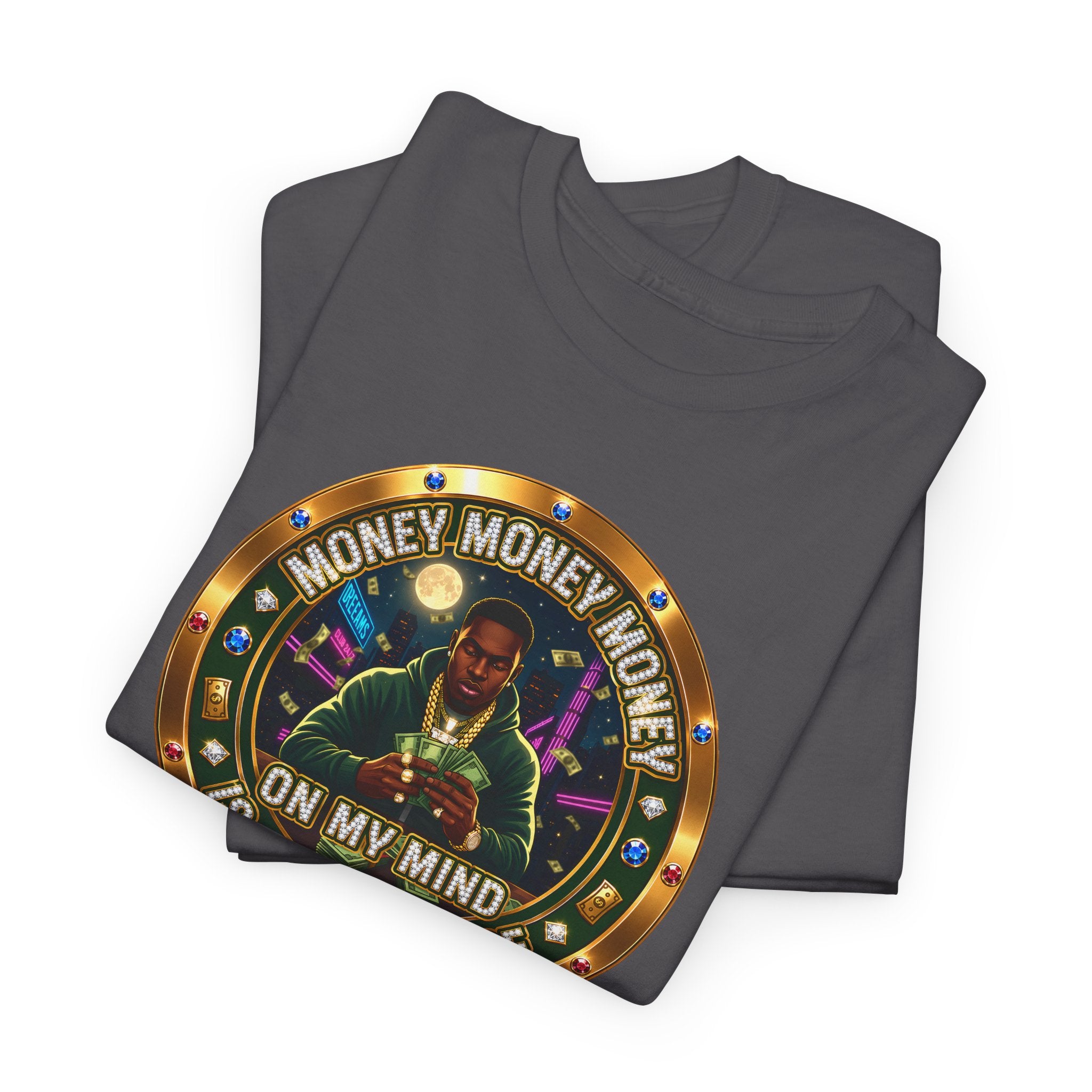 "Money On My Mind" Graphic Tee — Retro Casino Coin Design