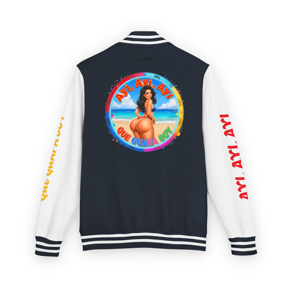 Letterman Jacket – Retro Beach Pinup Varsity Jacket with 'Ayi Ayi Ayi' Graphic
