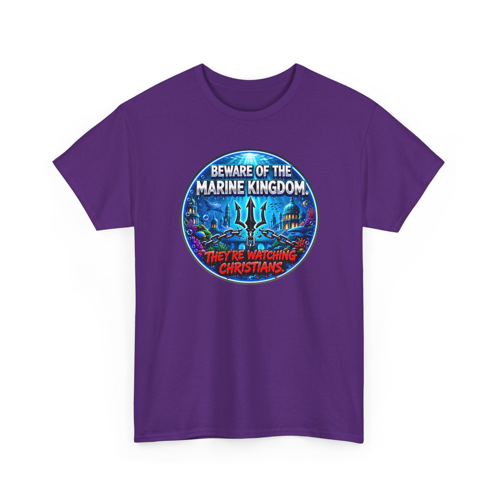 T‑Shirt — "Beware of the Marine Kingdom: They're Watching Christians" Vintage Ocean Graphic