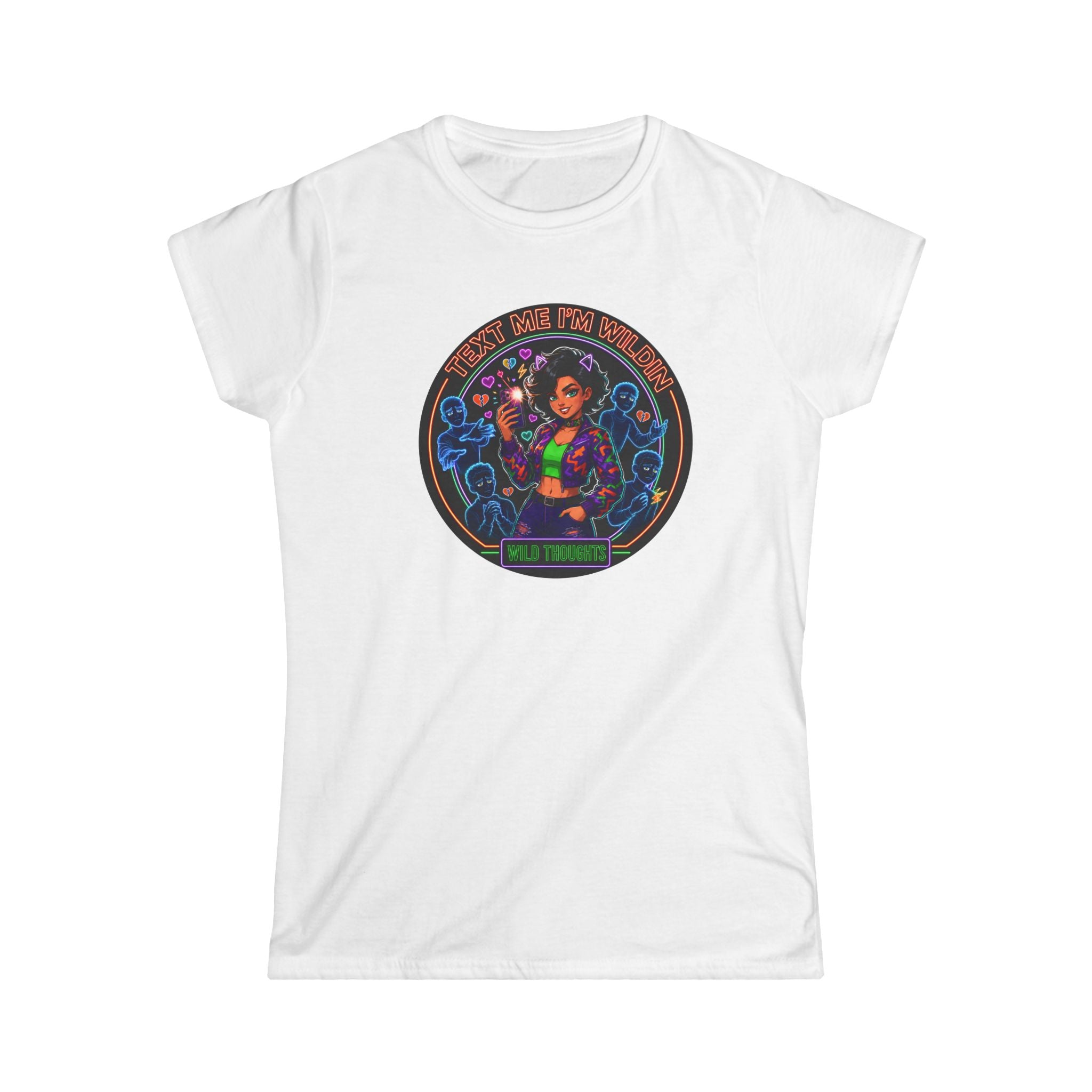 Women's Tee — "Text Me, I'm Wilding" Vibrant Cosmic Girl Graphic