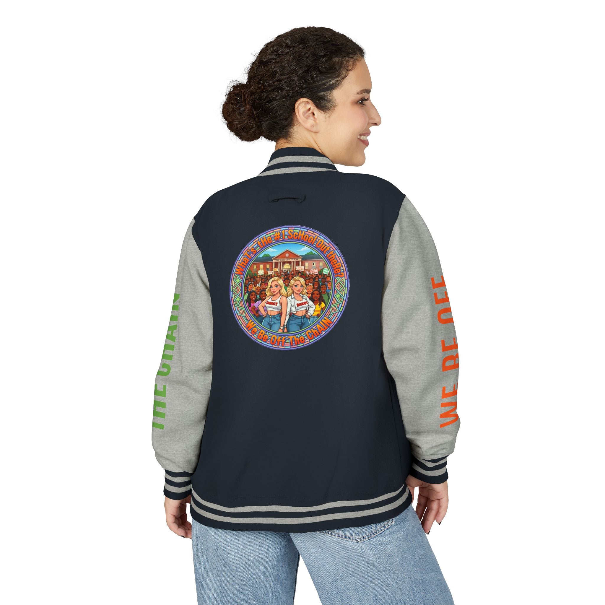 Retro Colorblock Letterman Jacket — 'We Be Off The Chain' Sleeve Print