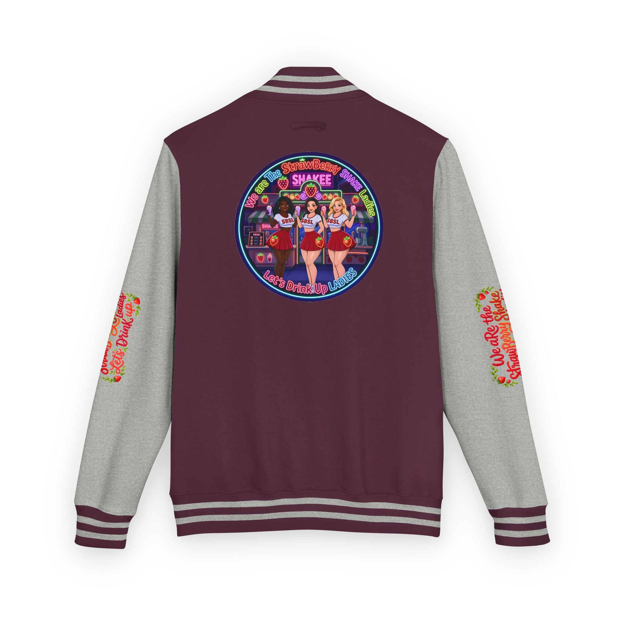 Letterman Jacket —" We Are The Strawberry Shake Ladies " Retro Shakee Cheer Graphic