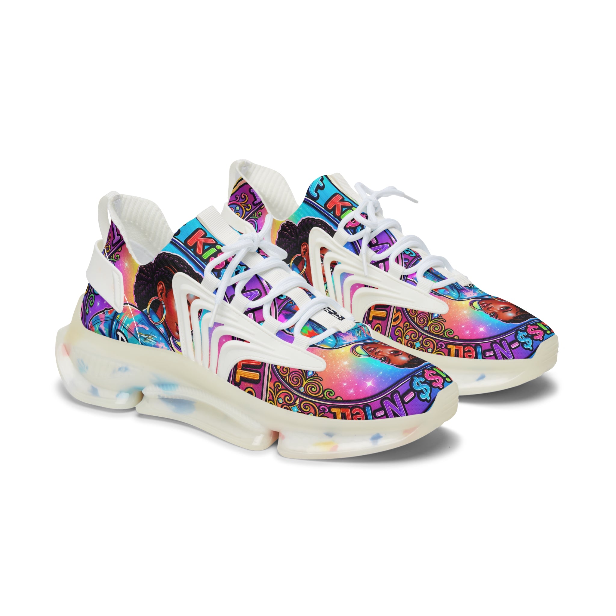 Women's Mesh Sneakers — Colorful Afrocentric Portrait Running Shoes with 'Don't Kiss' Graphic