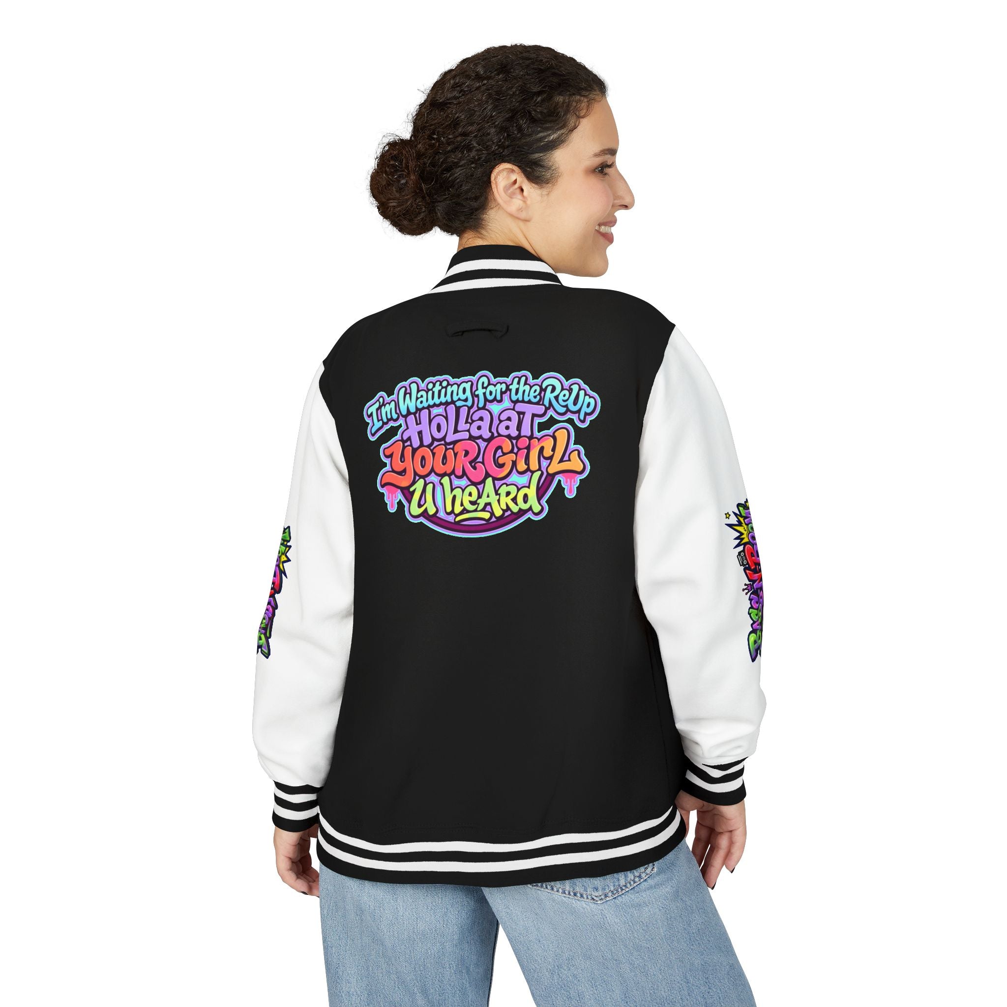 Letterman Jacket — "I'm Waiting For The Reup" Colorful Retro Hip‑Hop Varsity