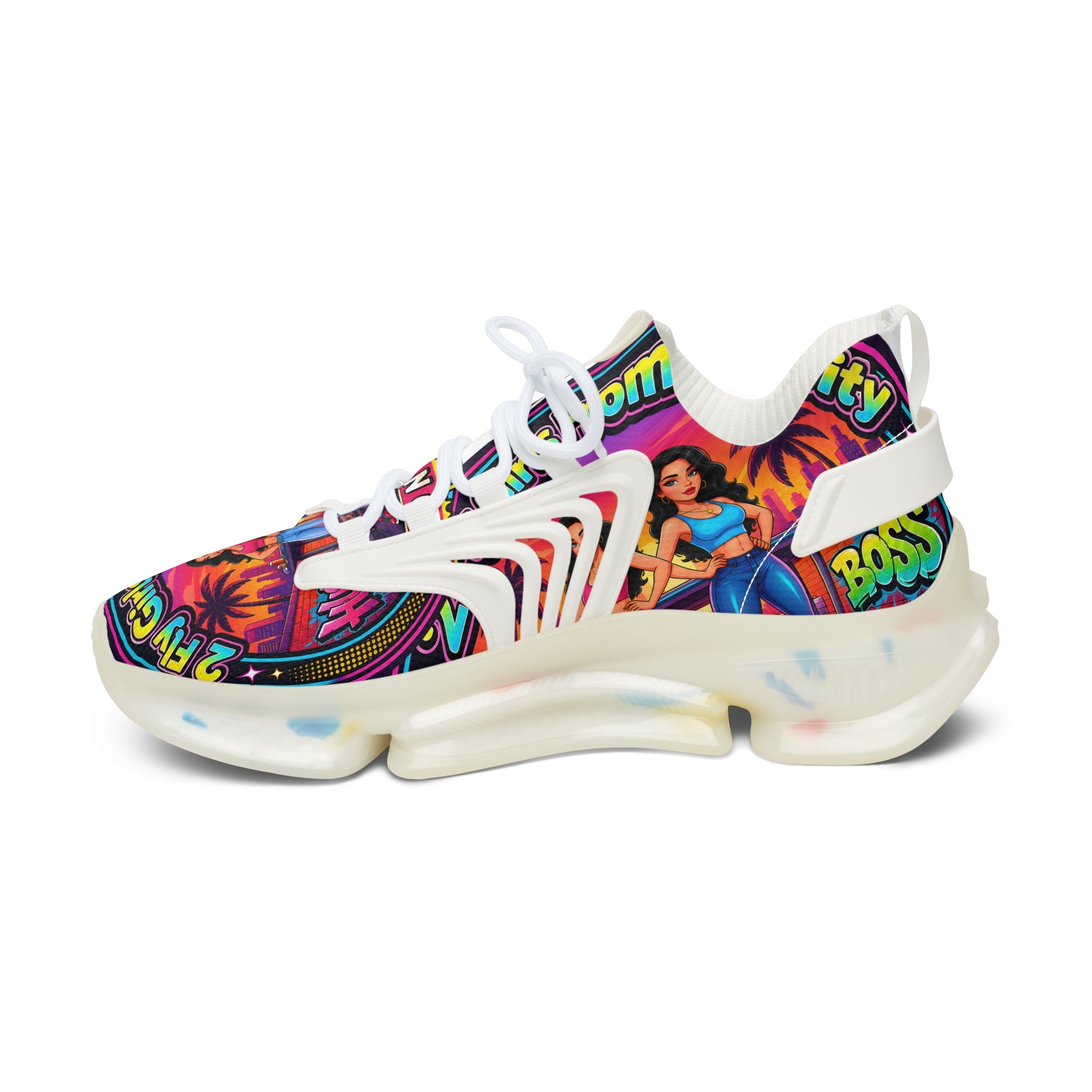 Women’s Mesh Sneakers — Colorful Retro '2Fly Girls From The City' Graphic Athletic Shoes