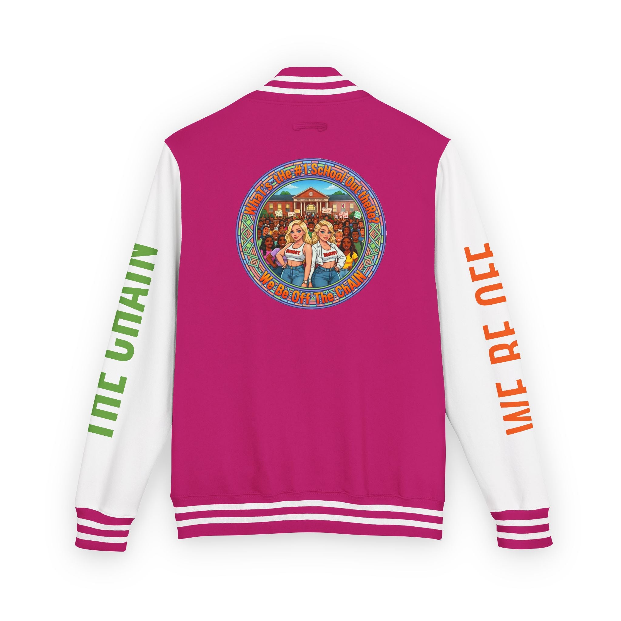Retro Colorblock Letterman Jacket — 'We Be Off The Chain' Sleeve Print