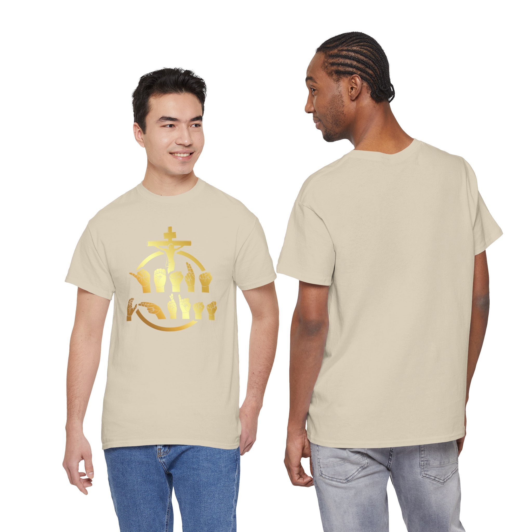 Christian Cross & Praying Hands T-Shirt — Gold Faith Design