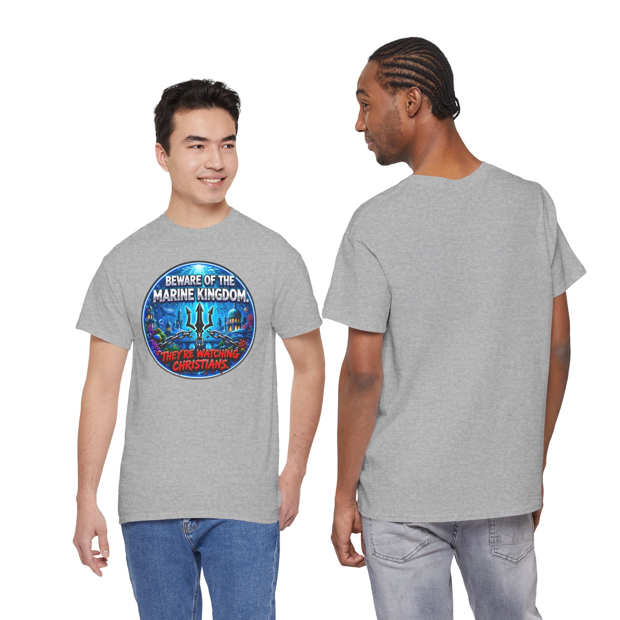 T‑Shirt — "Beware of the Marine Kingdom: They're Watching Christians" Vintage Ocean Graphic
