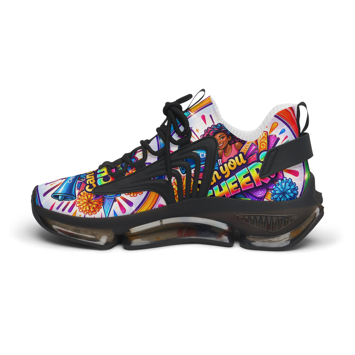 Women's Cheerleader Graphic Mesh Sneakers — "Can You Cheer?" Colorful Athletic Shoes