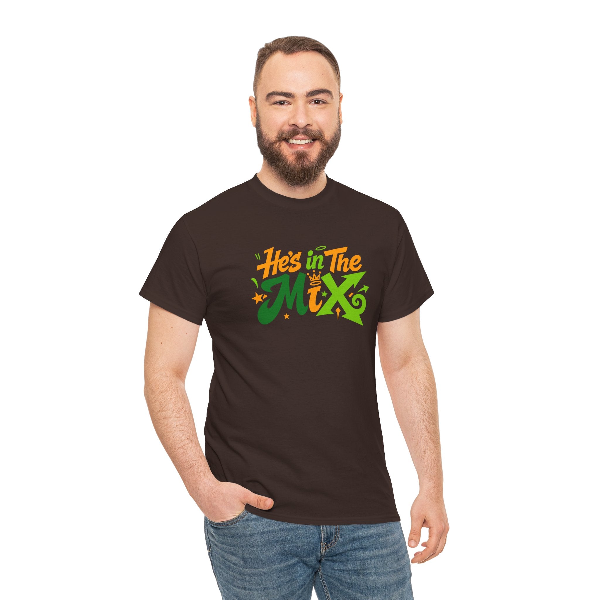 "He's in the Mix" T-Shirt — Retro Green & Orange DJ/Music Tee