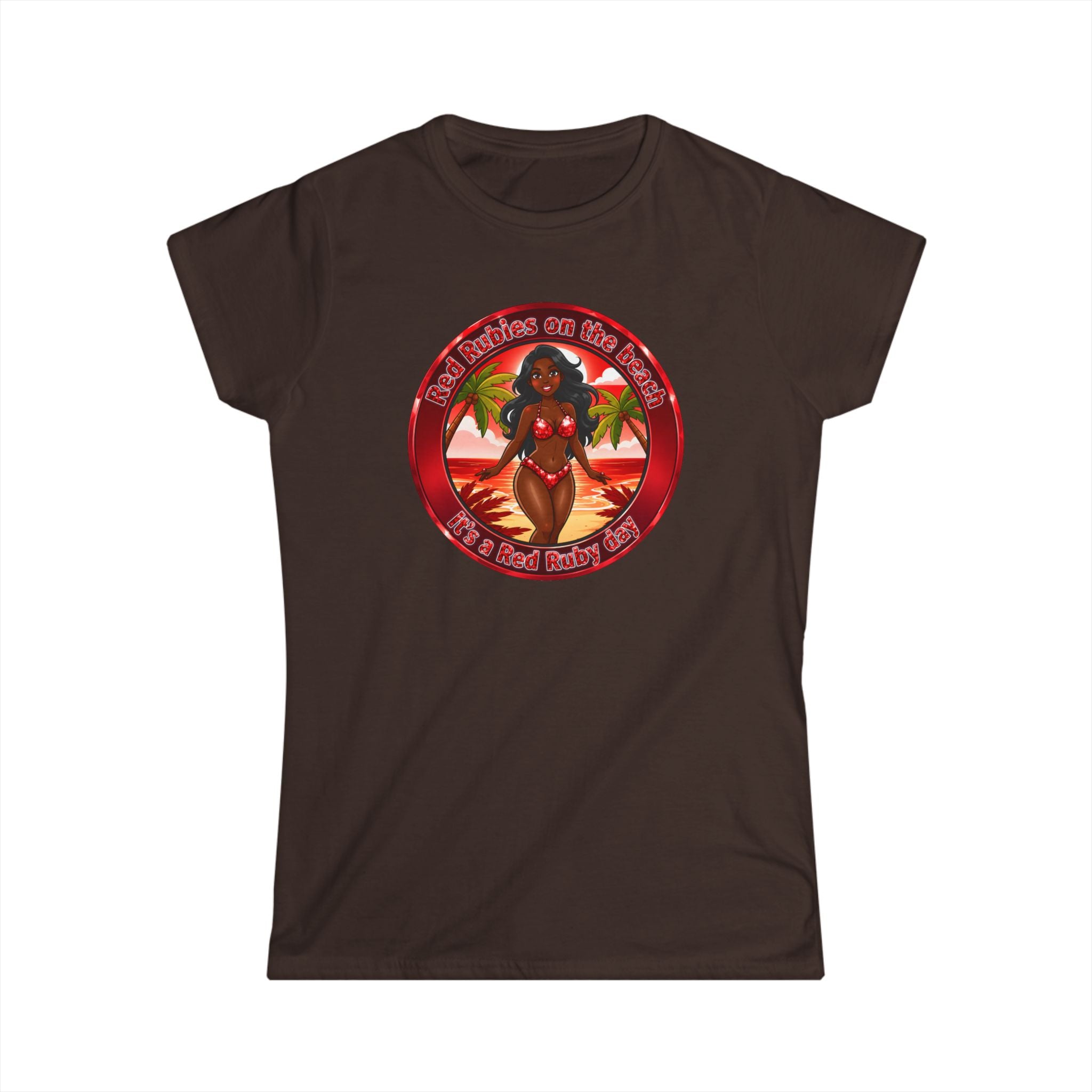 Tropical Pinup Tee — "Red Rubies On The Beach" Vintage Bikini Graphic