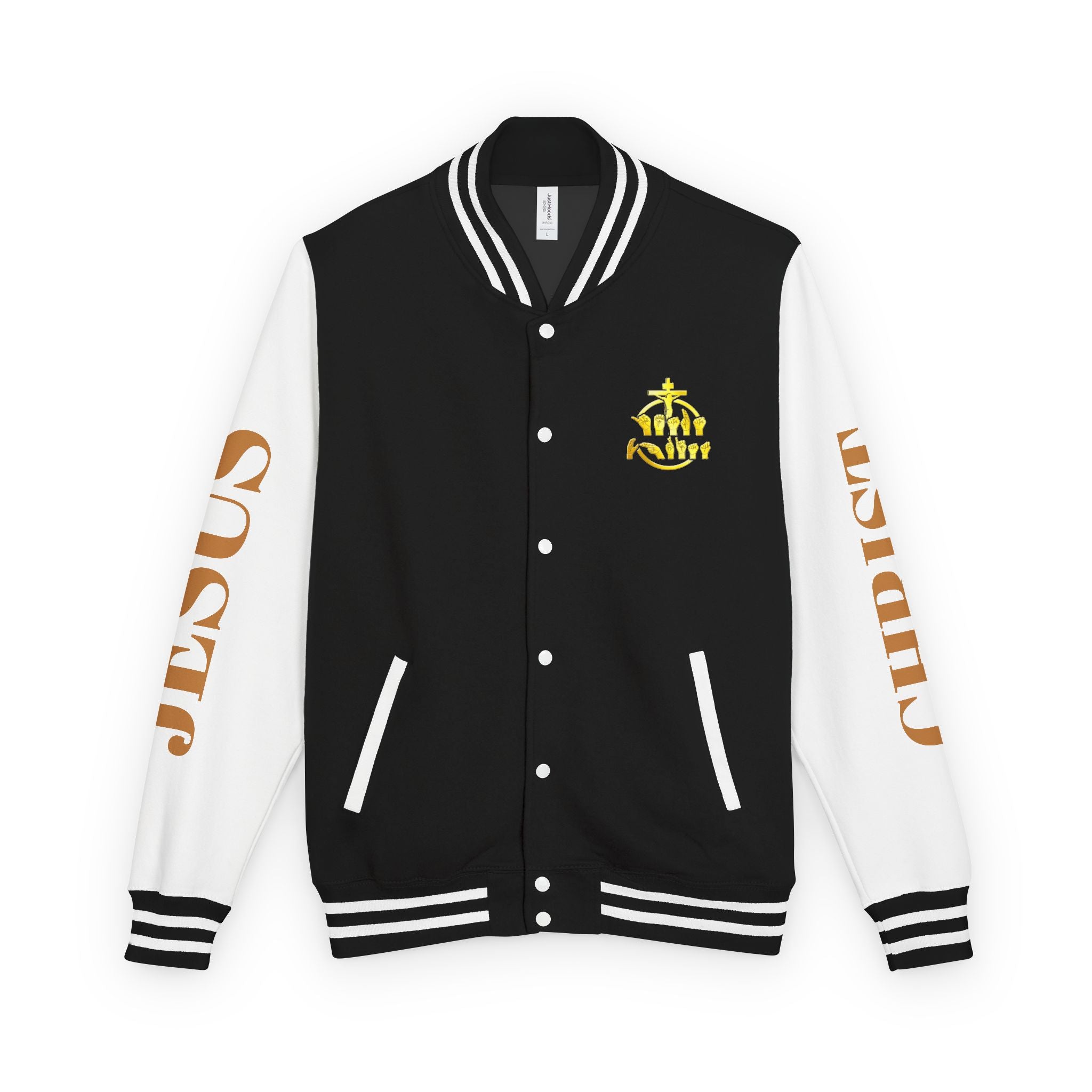 "Sign language Jesus Christ "     Christian Crown Letterman Jacket - 'Jesus Christ' Sleeve Varsity Jacket