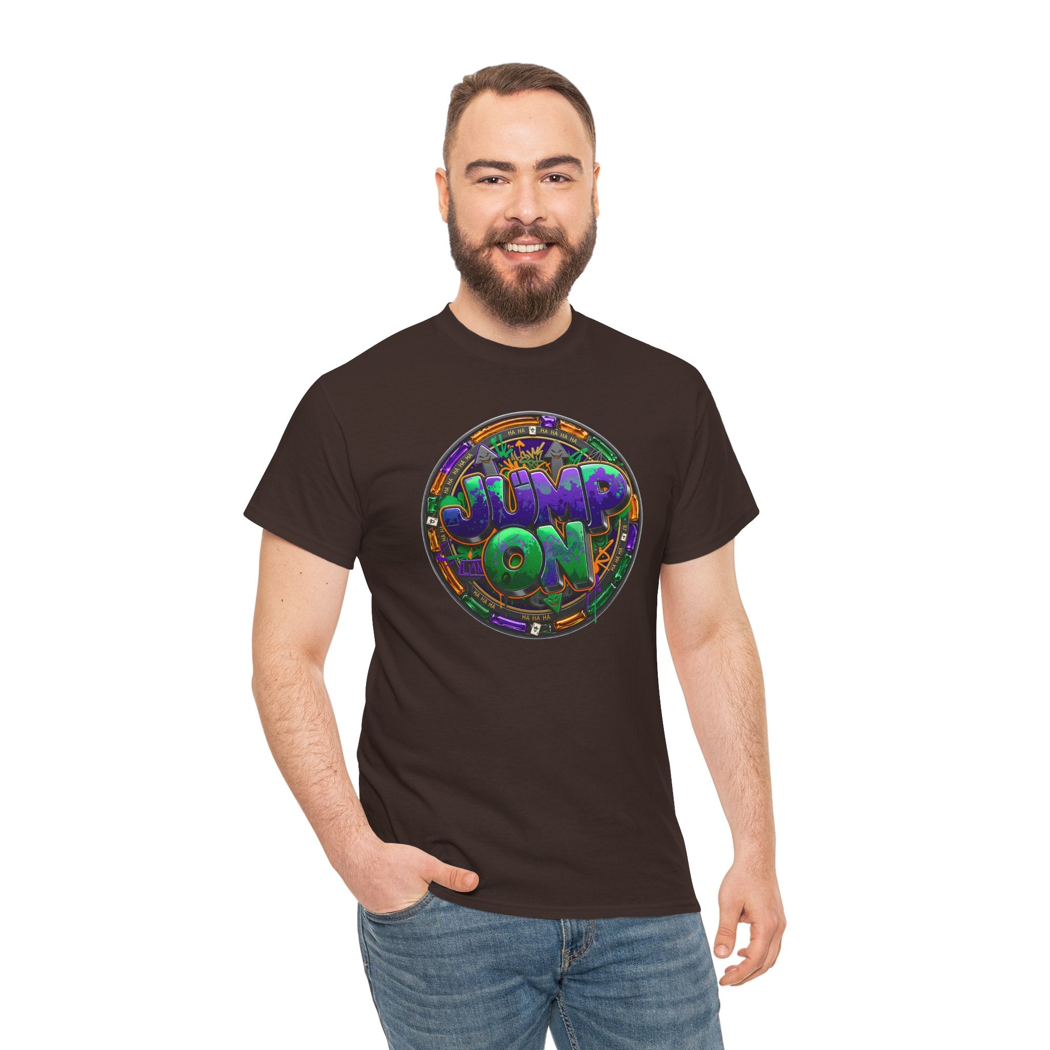 " Jump On" Circle Graphic Tee — Retro Neon Streetwear T-Shirt