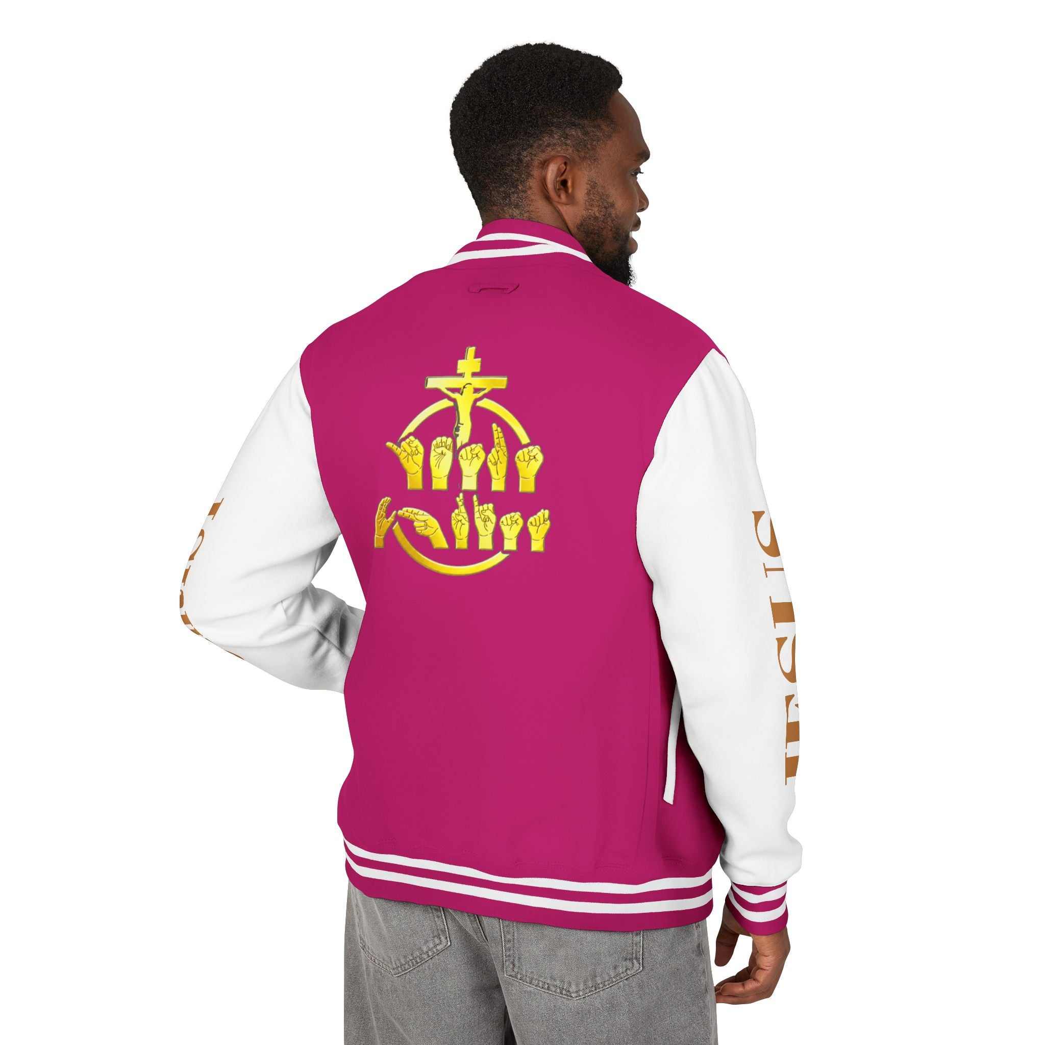 "Sign language Jesus Christ "     Christian Crown Letterman Jacket - 'Jesus Christ' Sleeve Varsity Jacket