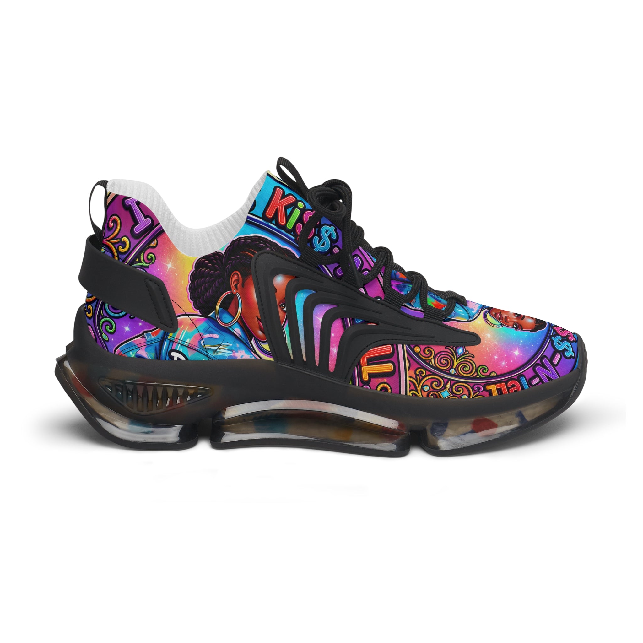 Women's Mesh Sneakers — Colorful Afrocentric Portrait Running Shoes with 'Don't Kiss' Graphic