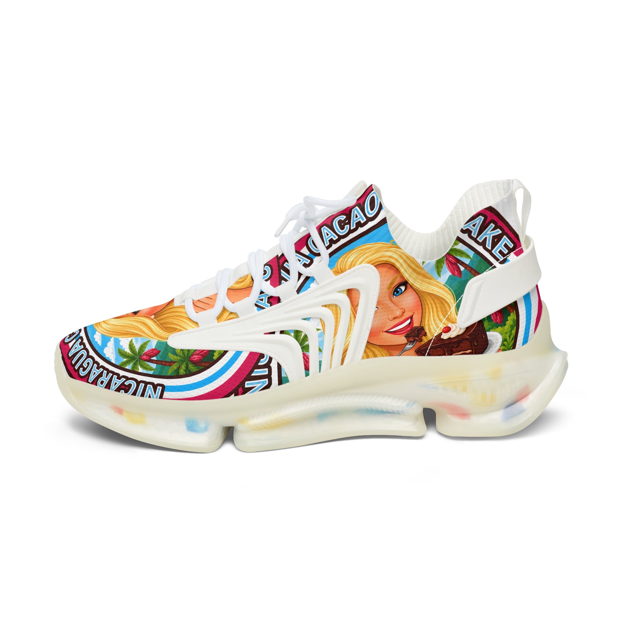 Women's Mesh Sneakers —"  Nicaragua Cacao Shortcake "Colorful Retro Barbie-Inspired Graphic Trainers
