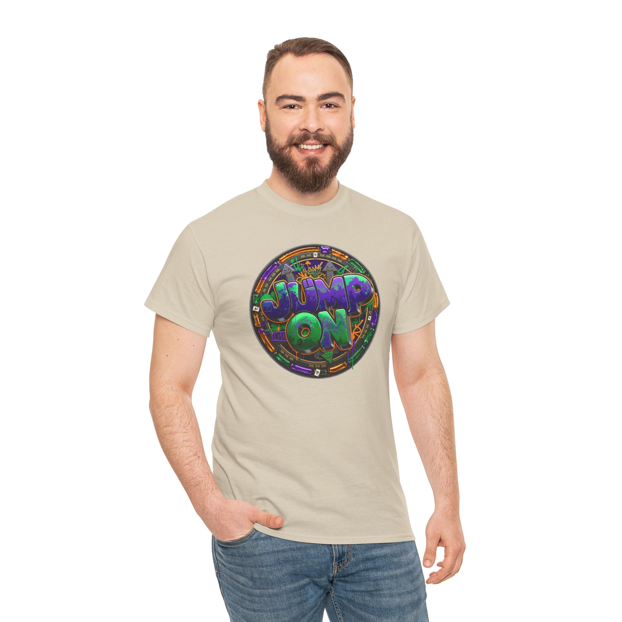 " Jump On" Circle Graphic Tee — Retro Neon Streetwear T-Shirt