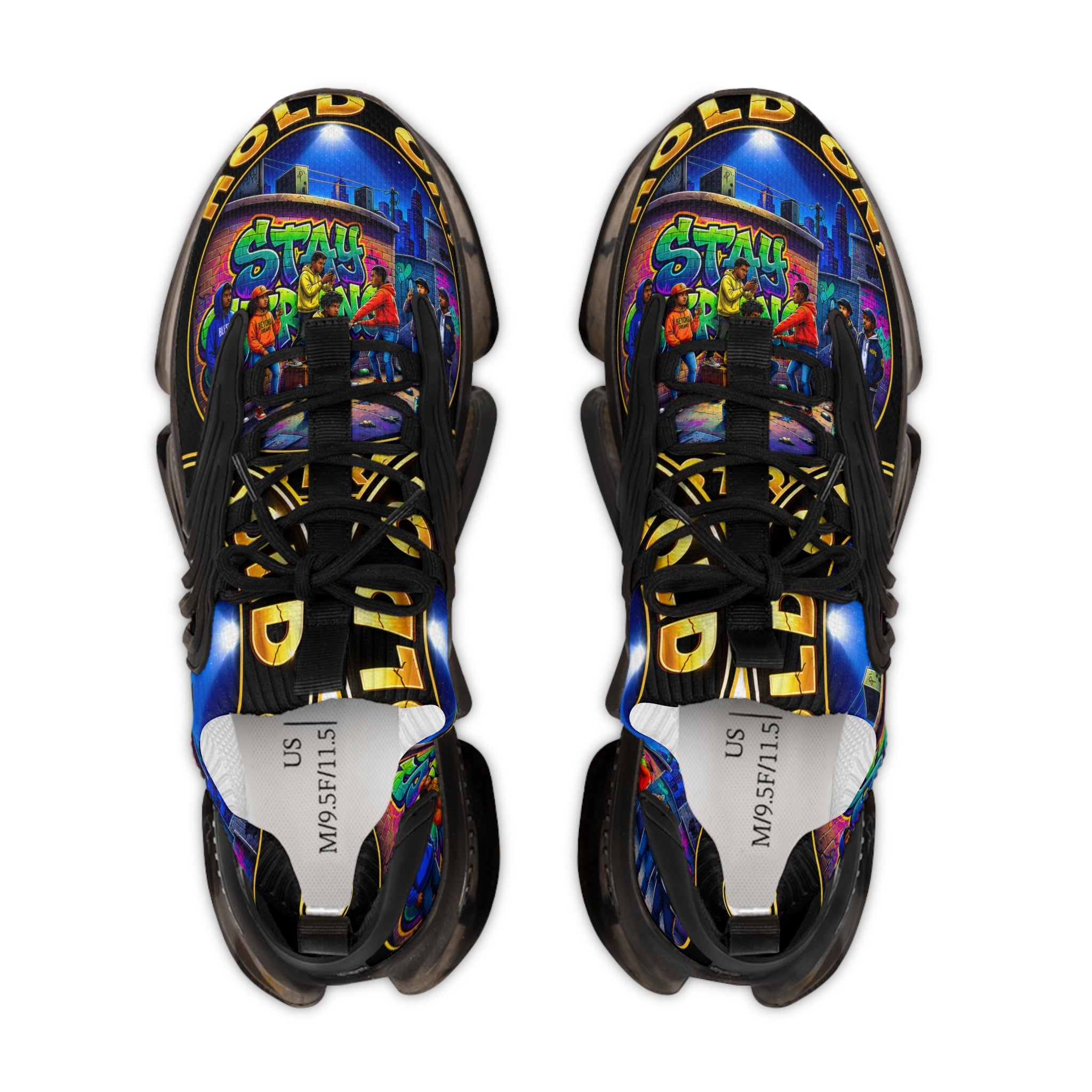 Men's Mesh Sneakers — "Hold On Be Strong" Retro Arcade Graffiti Print Athletic Shoes