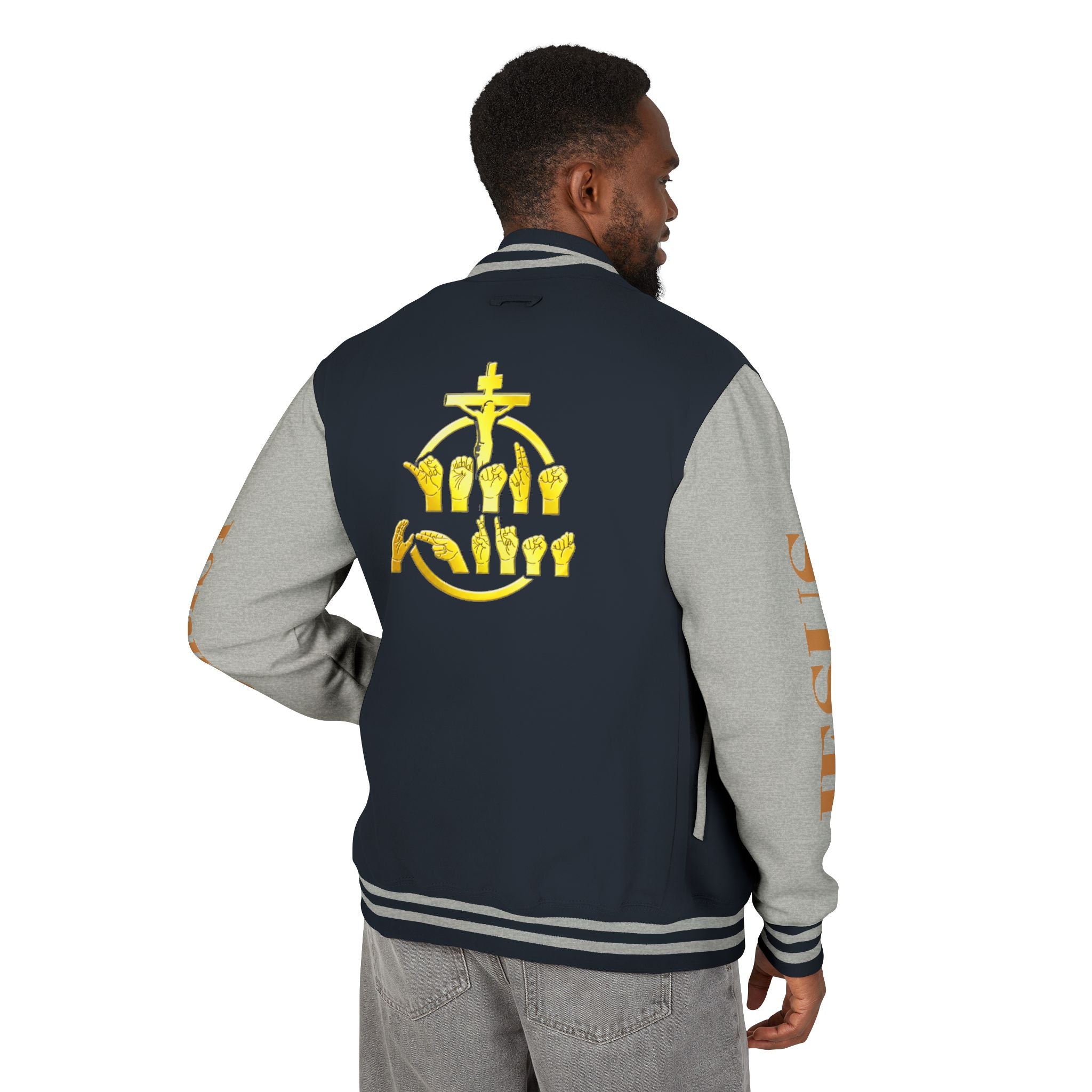 "Sign language Jesus Christ "     Christian Crown Letterman Jacket - 'Jesus Christ' Sleeve Varsity Jacket