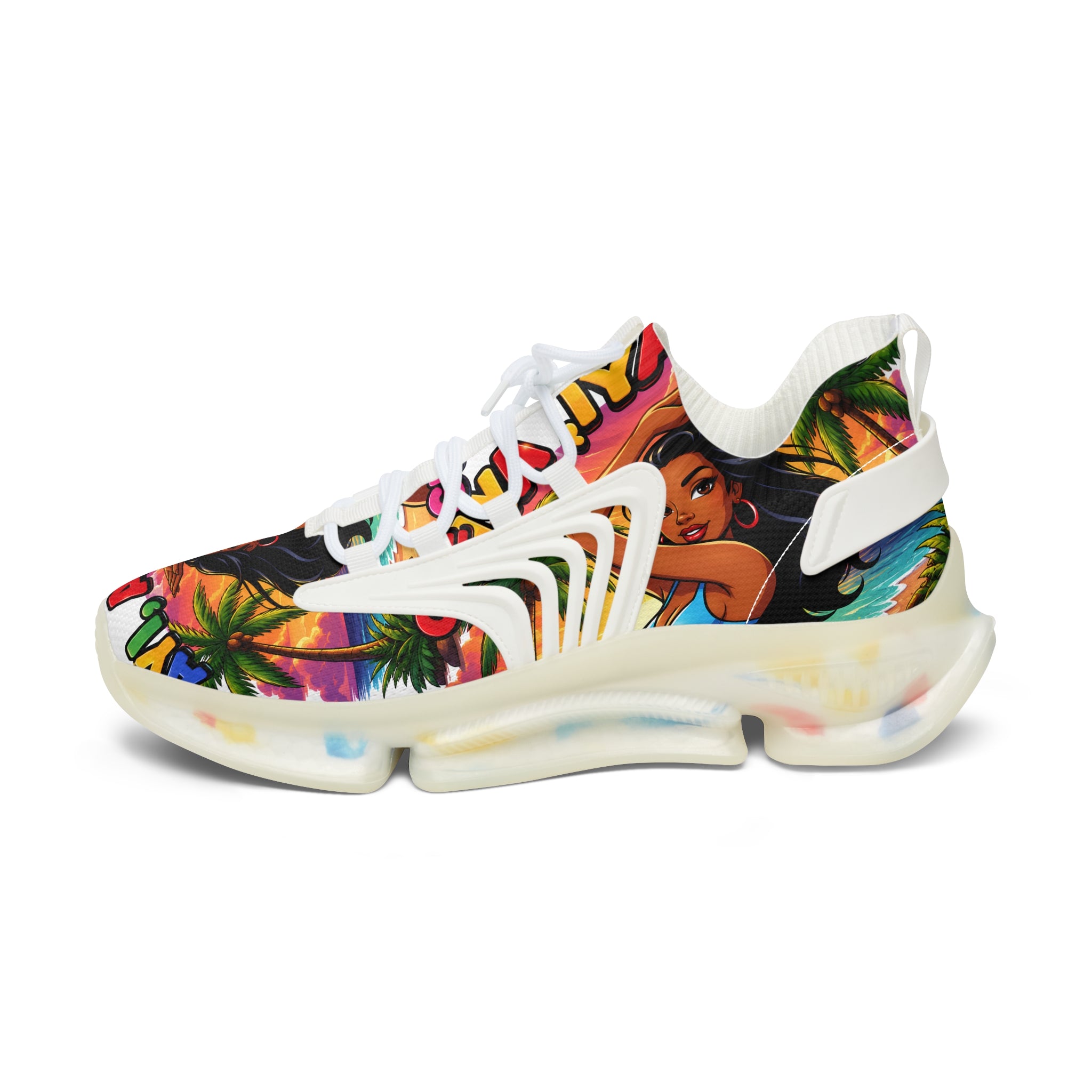 Tropical Vibe Women's Mesh Sneakers — "Ayi  Ayi Ayi Que Guapa Soy "Colorful Hawaiian Pin-Up Design