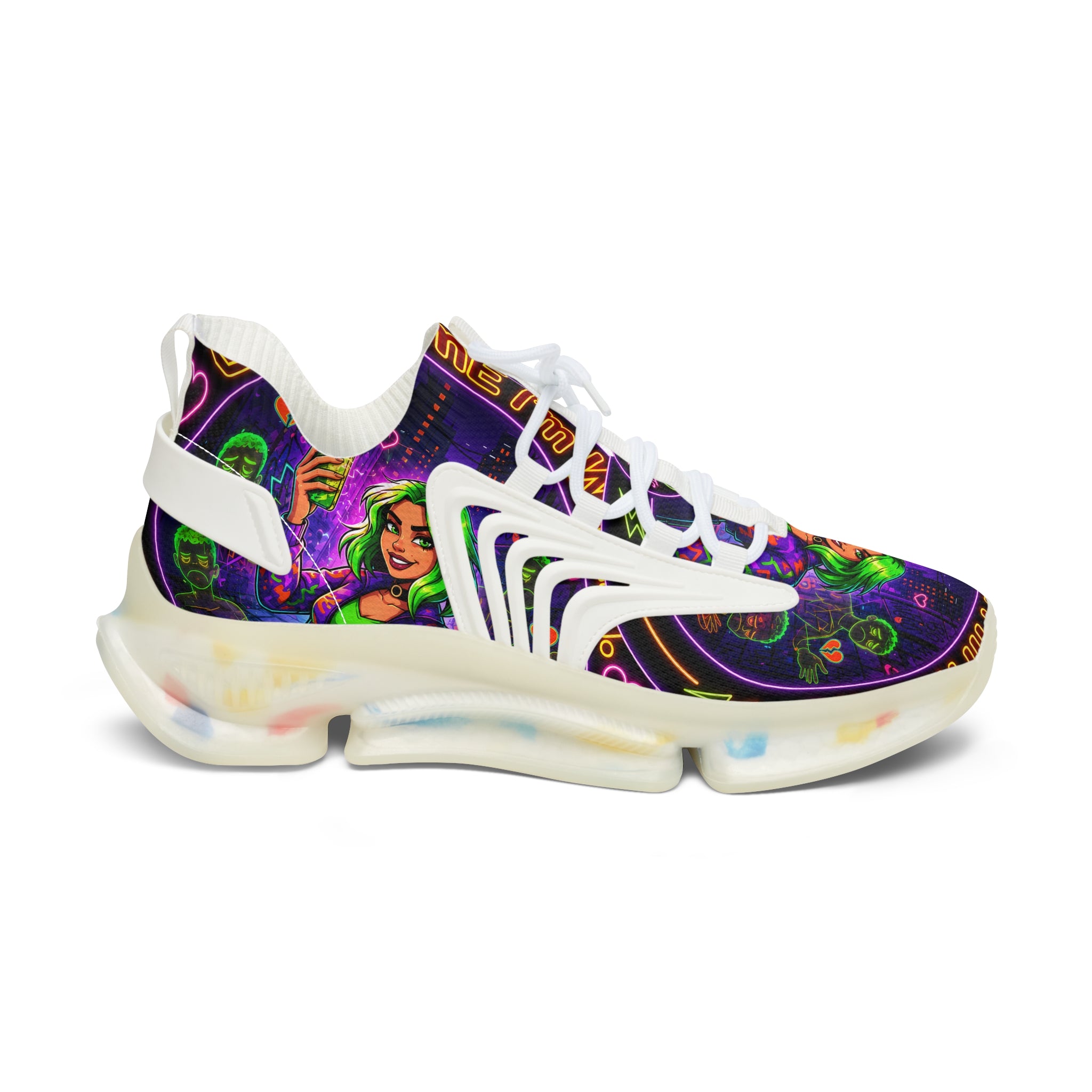Mesh Sneakers — Neon Green Witch Graphic Athletic Shoes