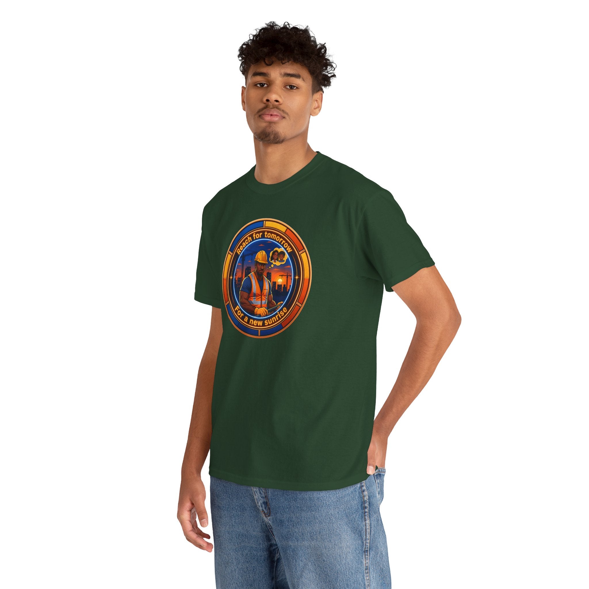 Construction Worker Sunset Tee — “Reach for Tomorrow ” Safety Crew T-Shirt