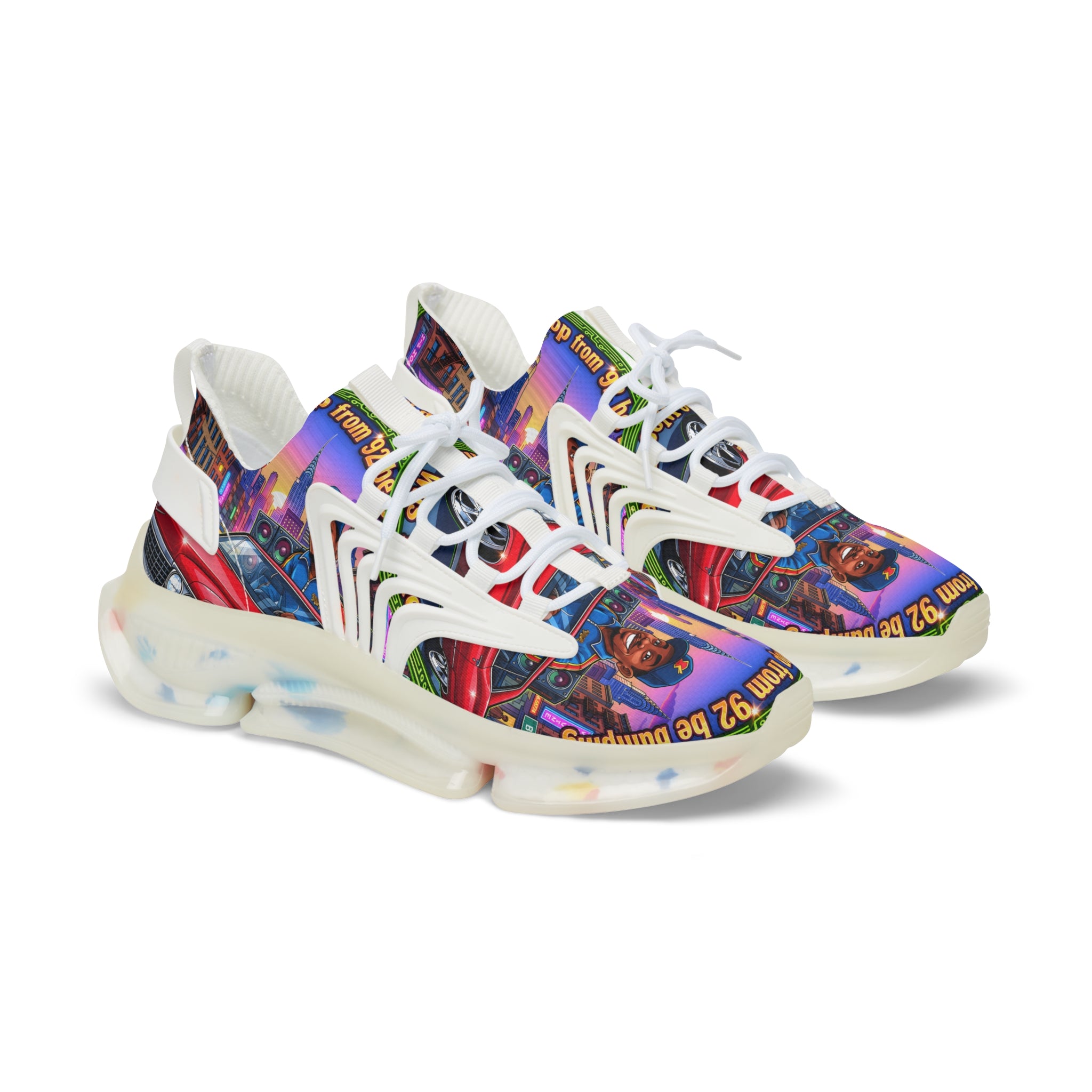Custom Graphic Mesh Sneakers — "That Hip-hop From 92 Be Bumping" Colorful Cityscape Portrait Design
