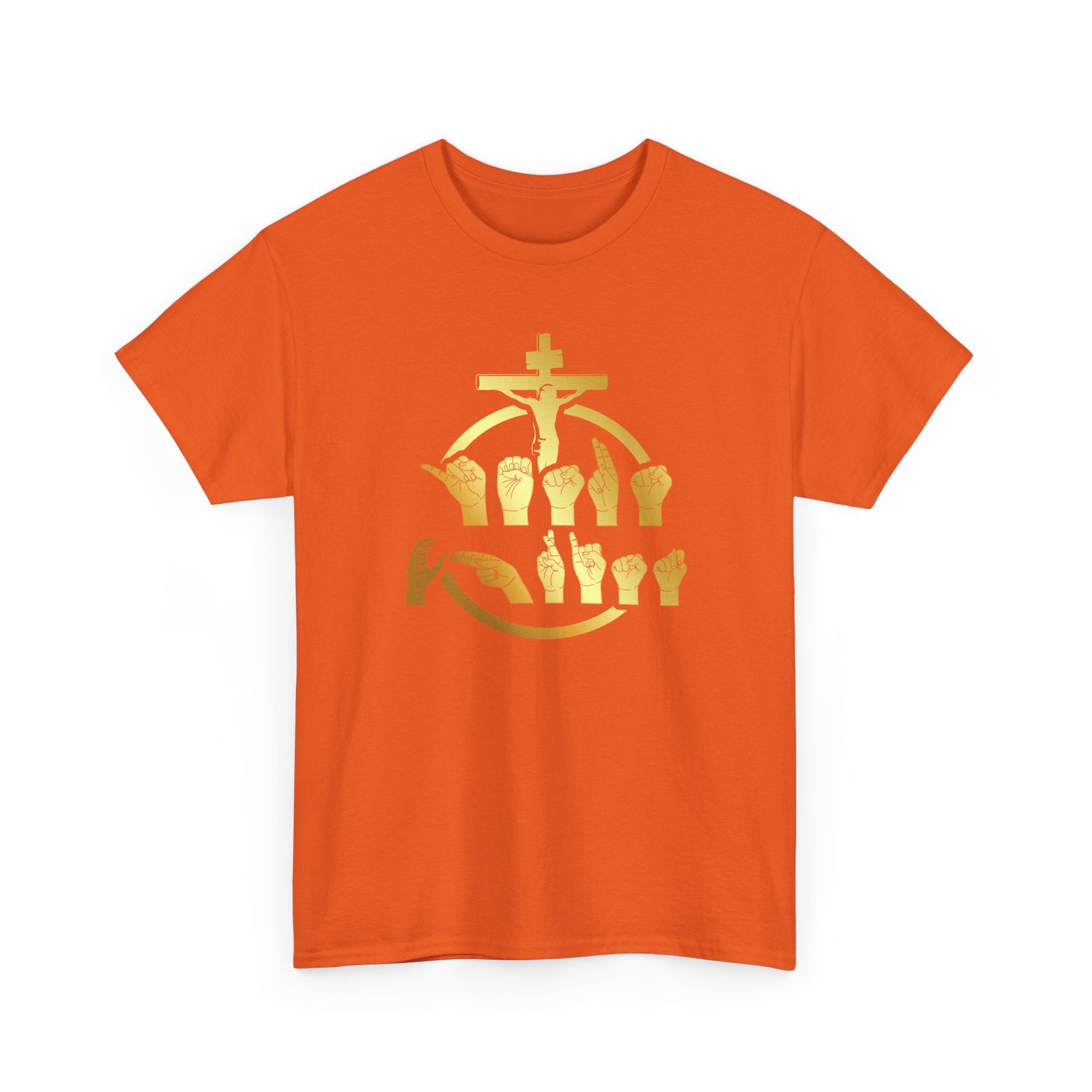 Christian Cross & Praying Hands T-Shirt — Gold Faith Design