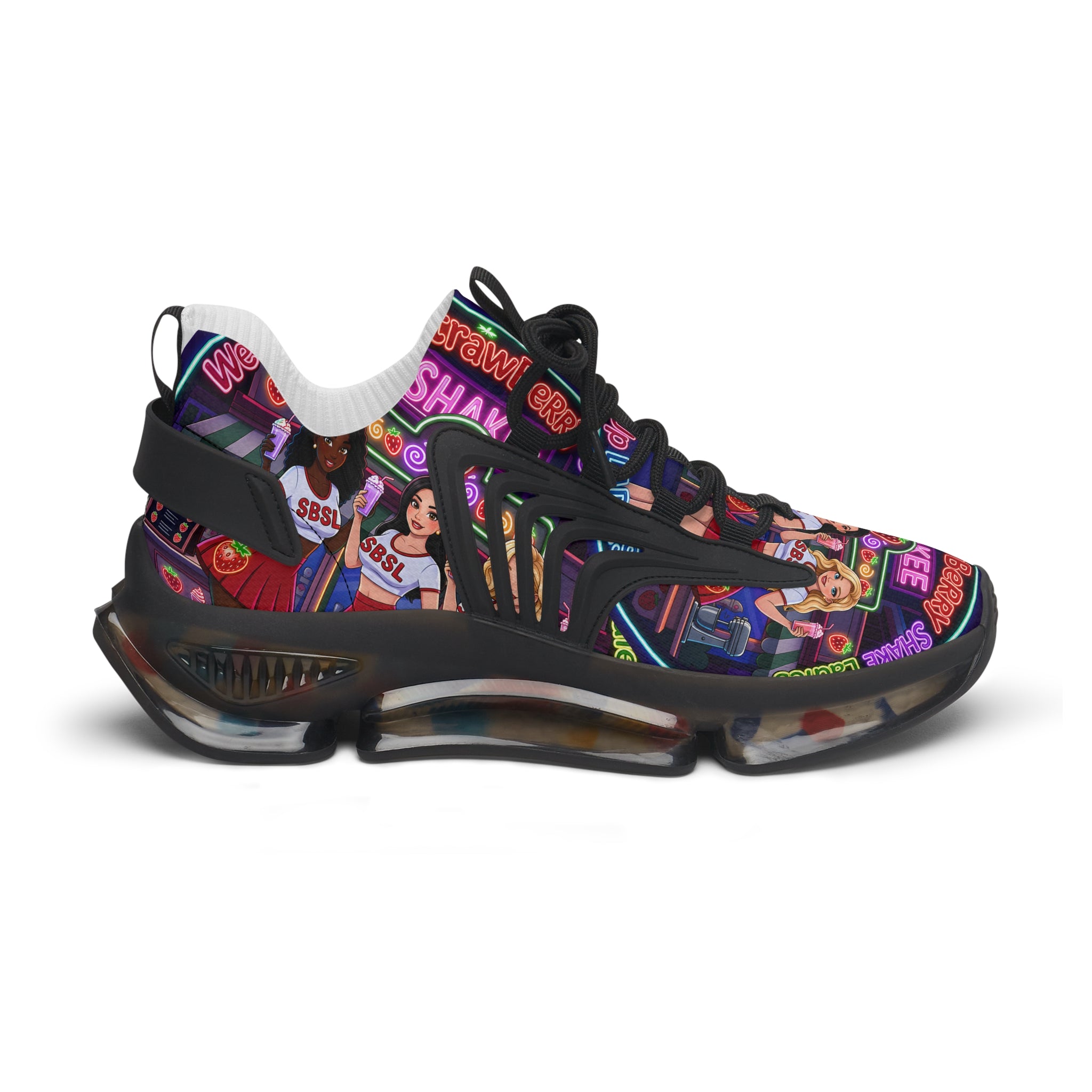 Women’s Mesh Sneakers  " Strawberry Shake "— Colorful Retro Dance Crew Graphic