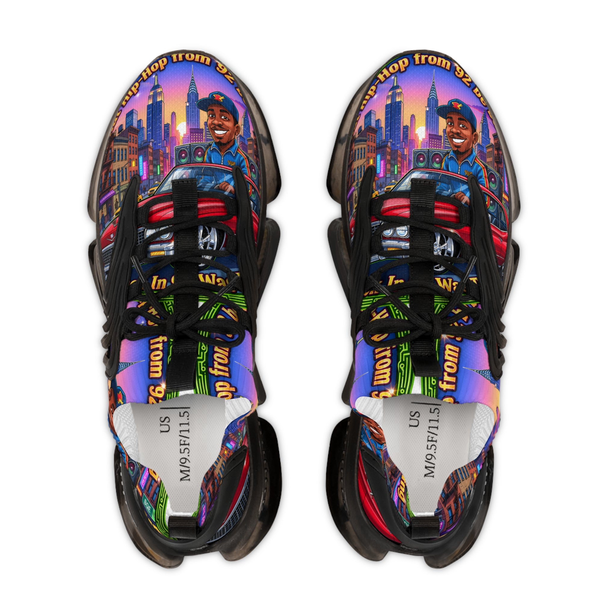Custom Graphic Mesh Sneakers — "That Hip-hop From 92 Be Bumping" Colorful Cityscape Portrait Design