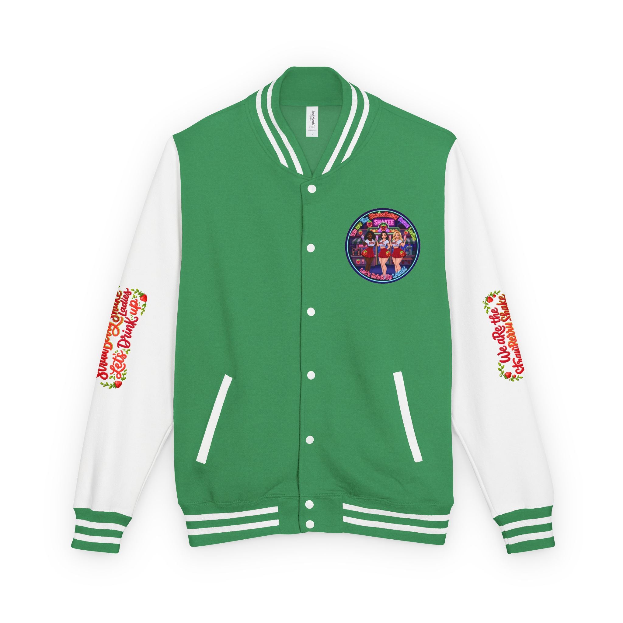 Letterman Jacket —" We Are The Strawberry Shake Ladies " Retro Shakee Cheer Graphic