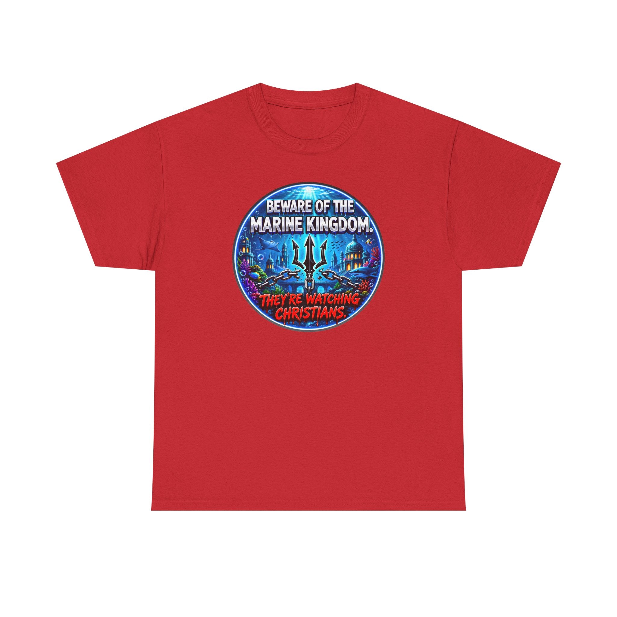T‑Shirt — "Beware of the Marine Kingdom: They're Watching Christians" Vintage Ocean Graphic