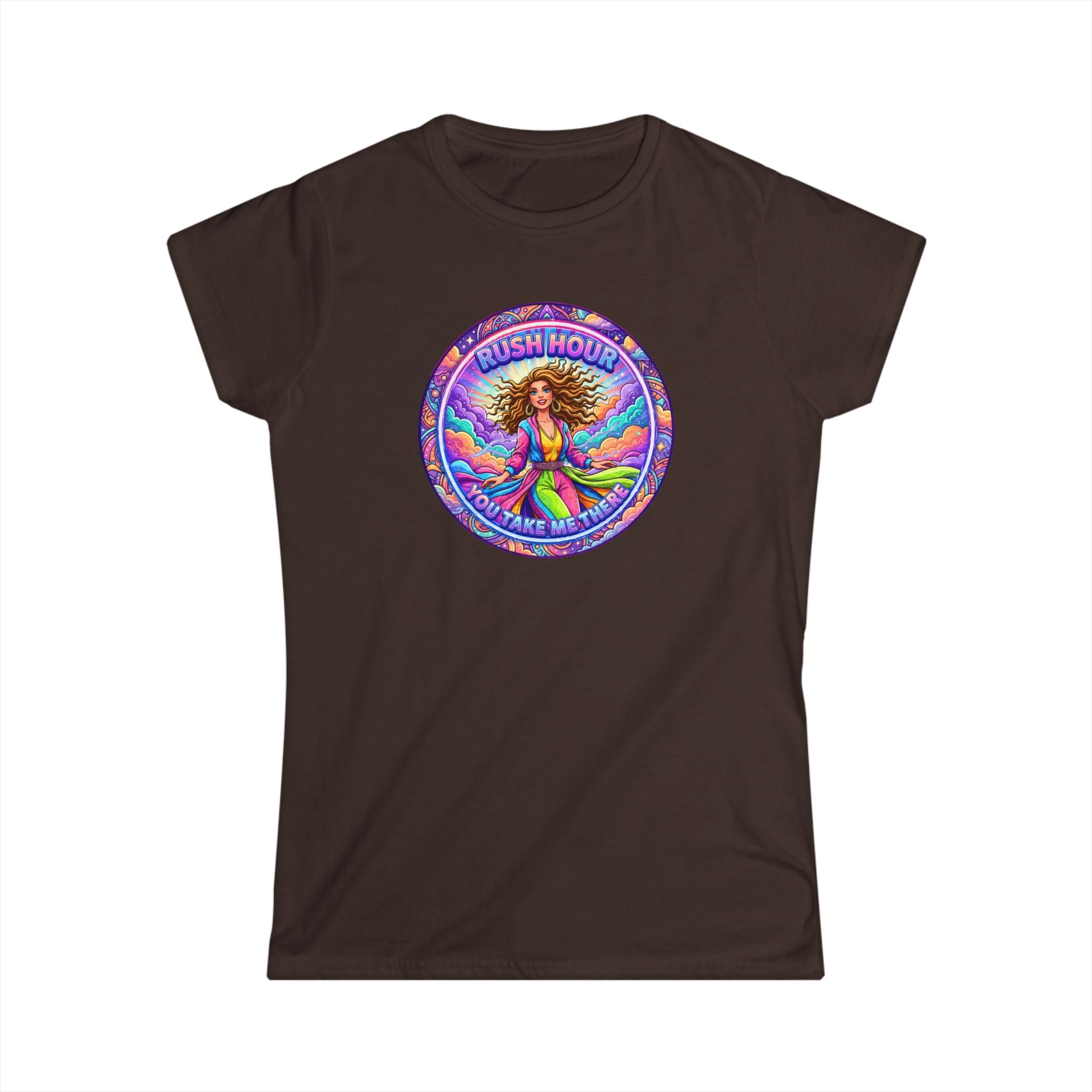 Women's Tee — “Rush Hour” Colorful Retro Hippie Graphic