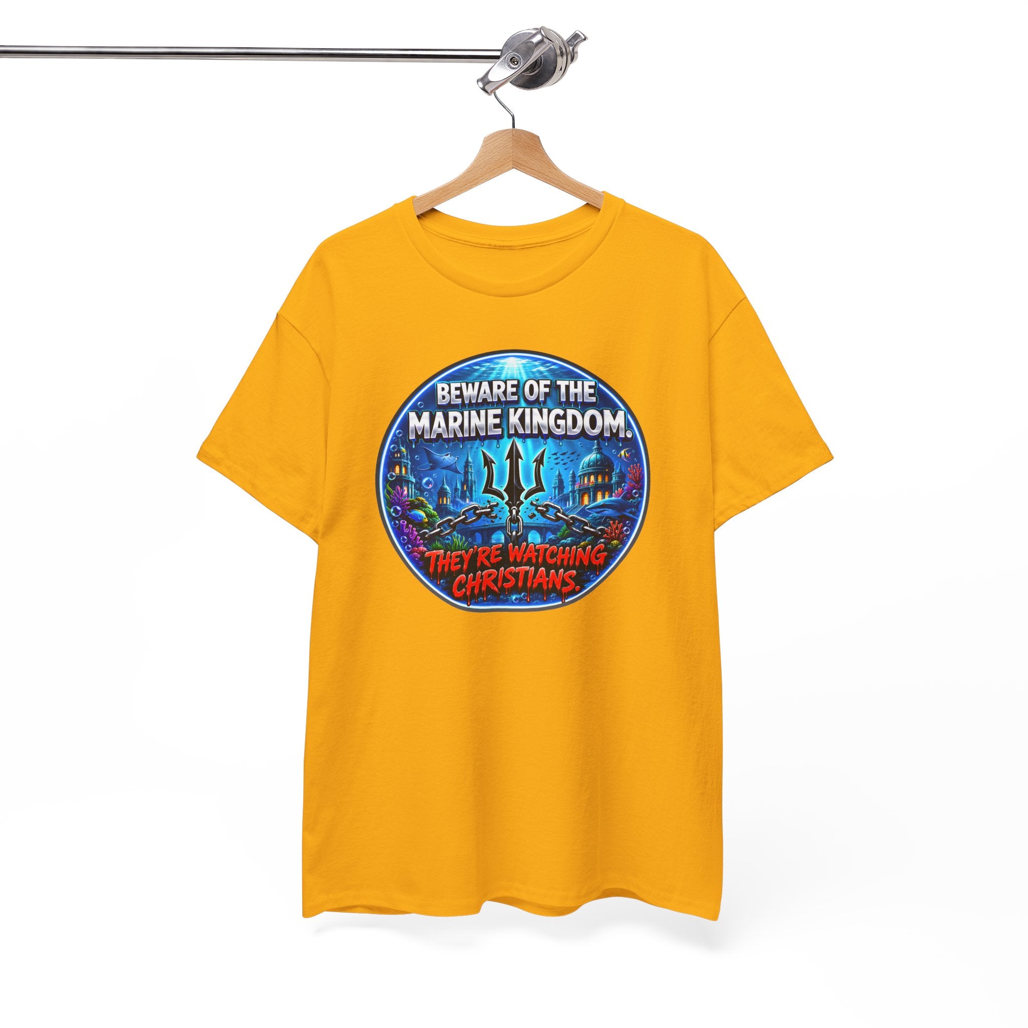 T‑Shirt — "Beware of the Marine Kingdom: They're Watching Christians" Vintage Ocean Graphic