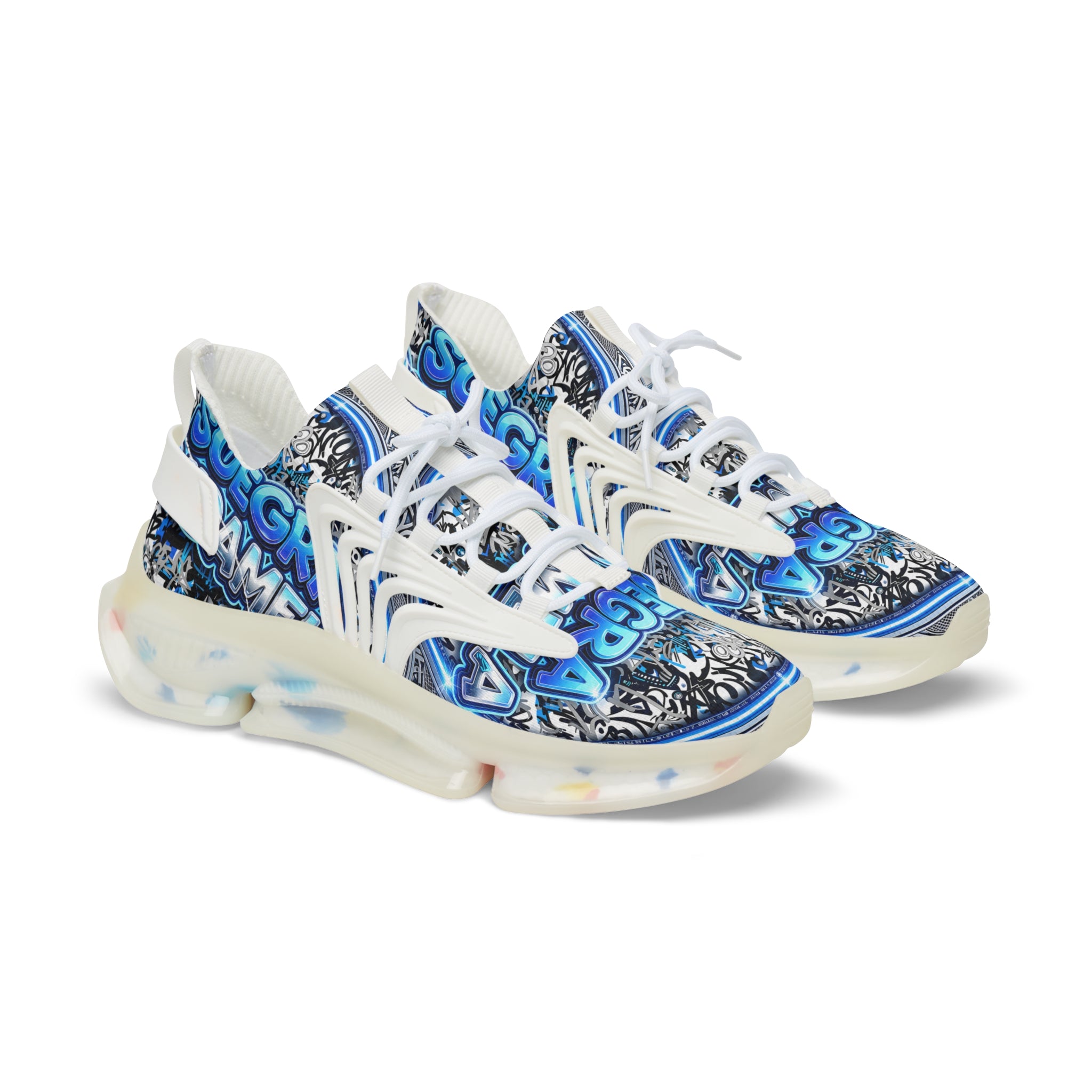 Mesh Sneakers — Blue 'SUEGRA CUIDAMELA' Graphic Athletic Shoes