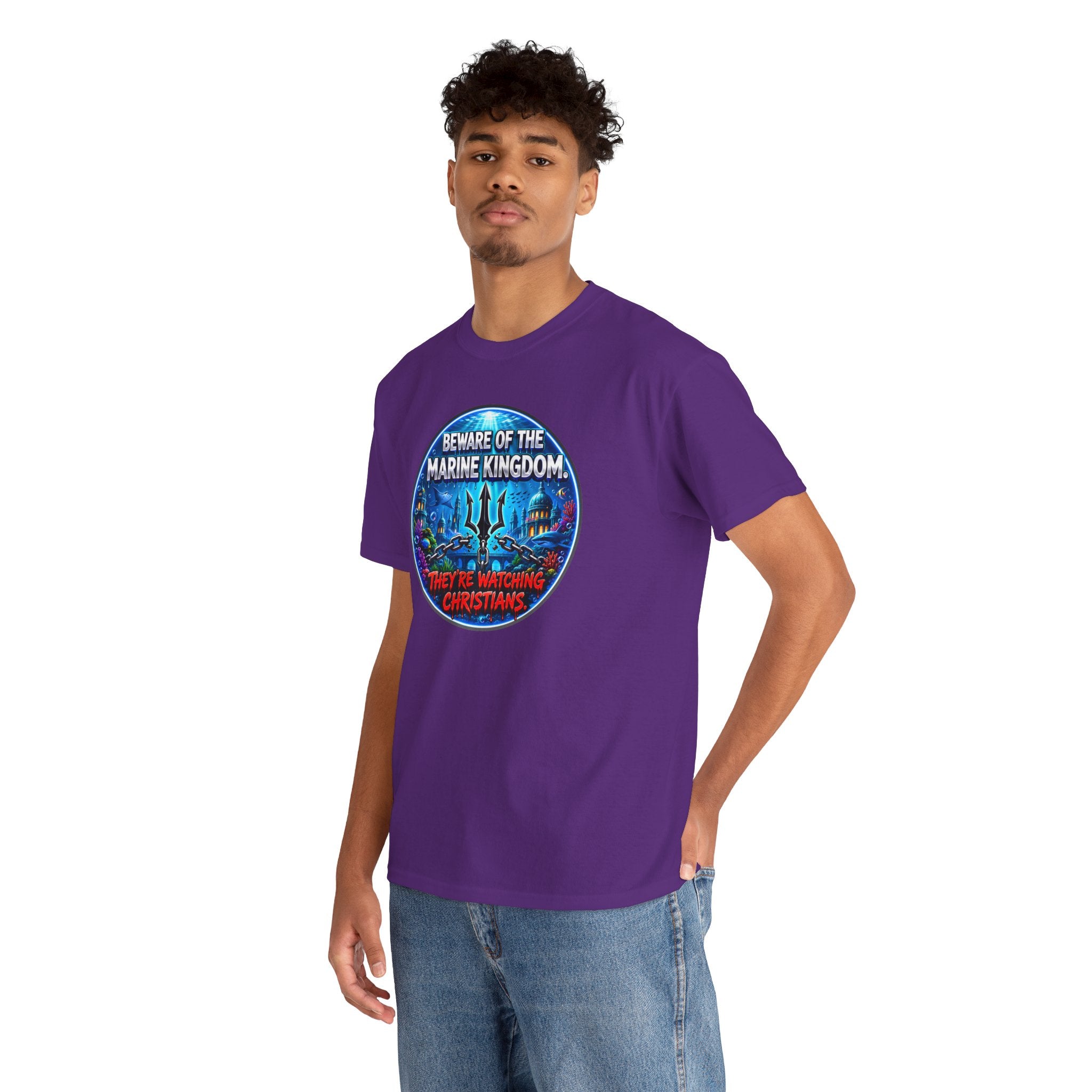 T‑Shirt — "Beware of the Marine Kingdom: They're Watching Christians" Vintage Ocean Graphic