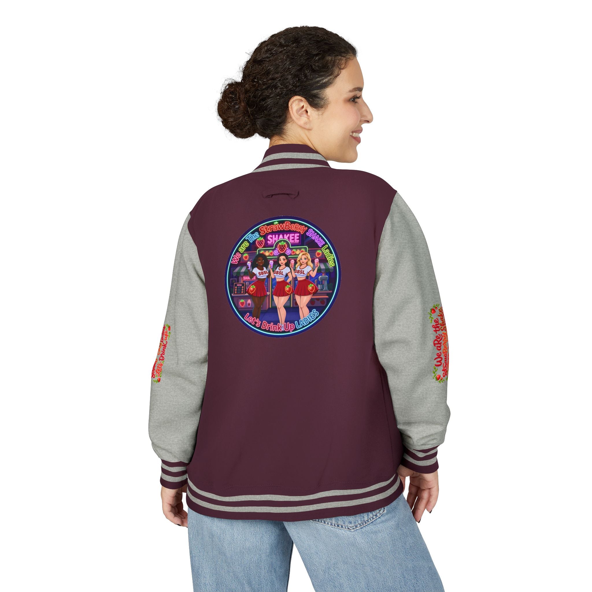 Letterman Jacket —" We Are The Strawberry Shake Ladies " Retro Shakee Cheer Graphic